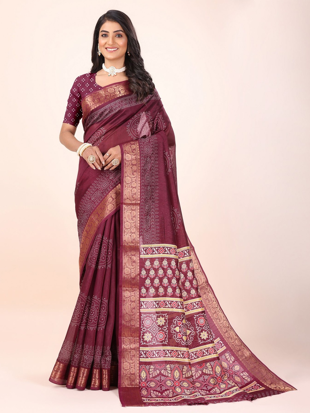 

Sitanjali Ethnic Printed Zari Woven Chanderi Saree, Maroon