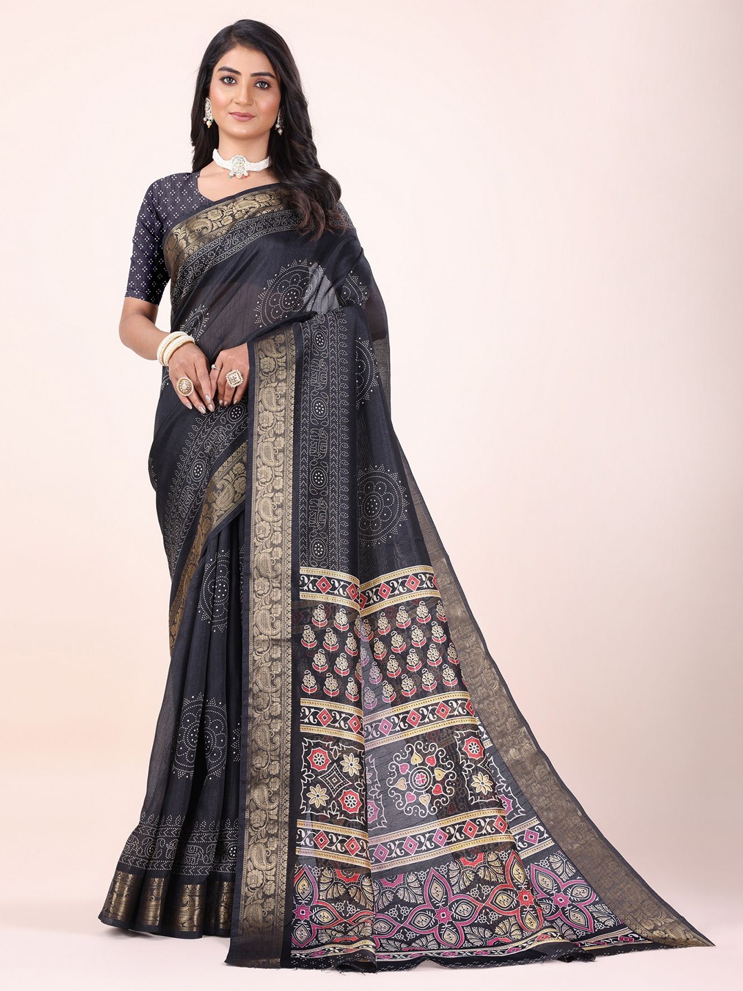 

Sitanjali Ethnic Printed Zari Woven Chanderi Saree, Black