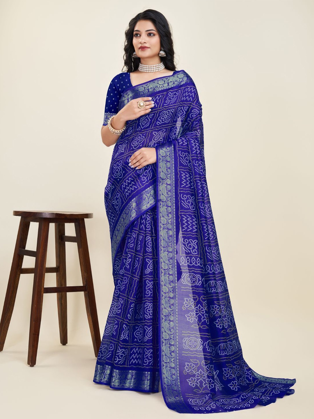 

Sitanjali Bandhni Printed Zari Woven Chanderi Saree, Blue