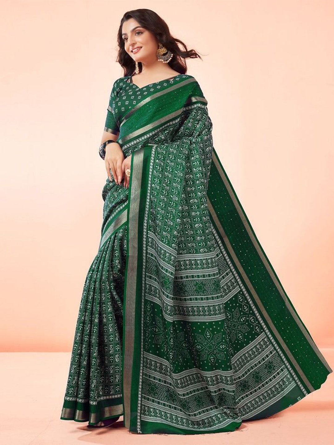 

Sitanjali Warli Print Zari Woven Chanderi Saree, Green