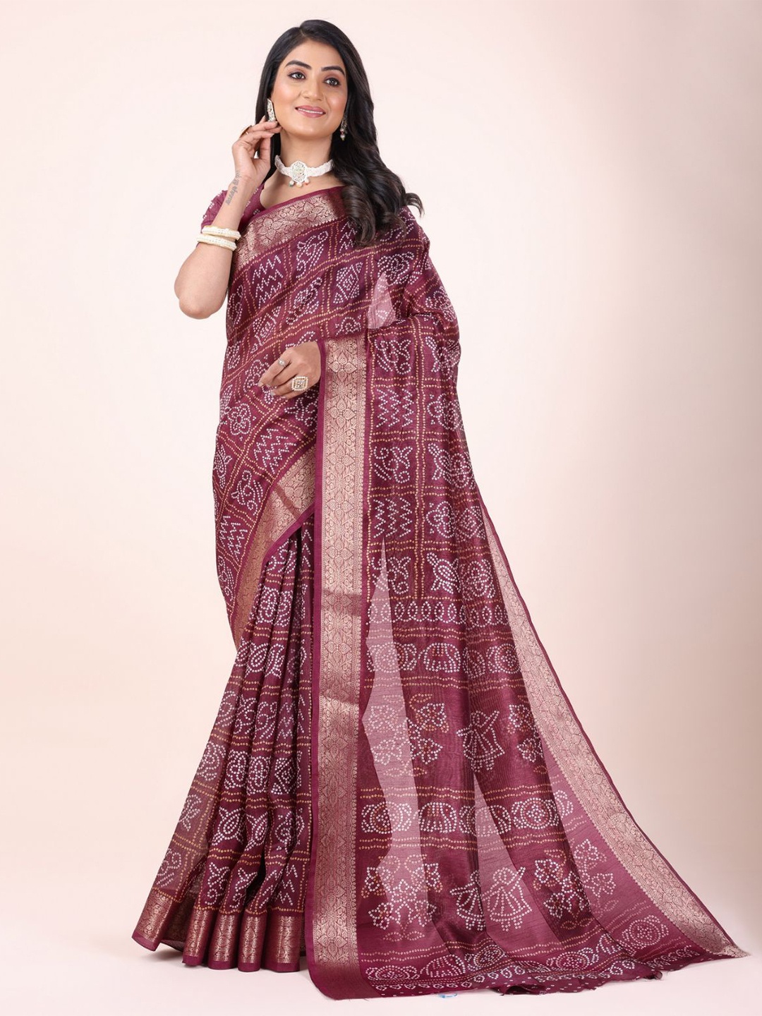 

Sitanjali Bandhni Print Zari Woven Chanderi Saree, Magenta