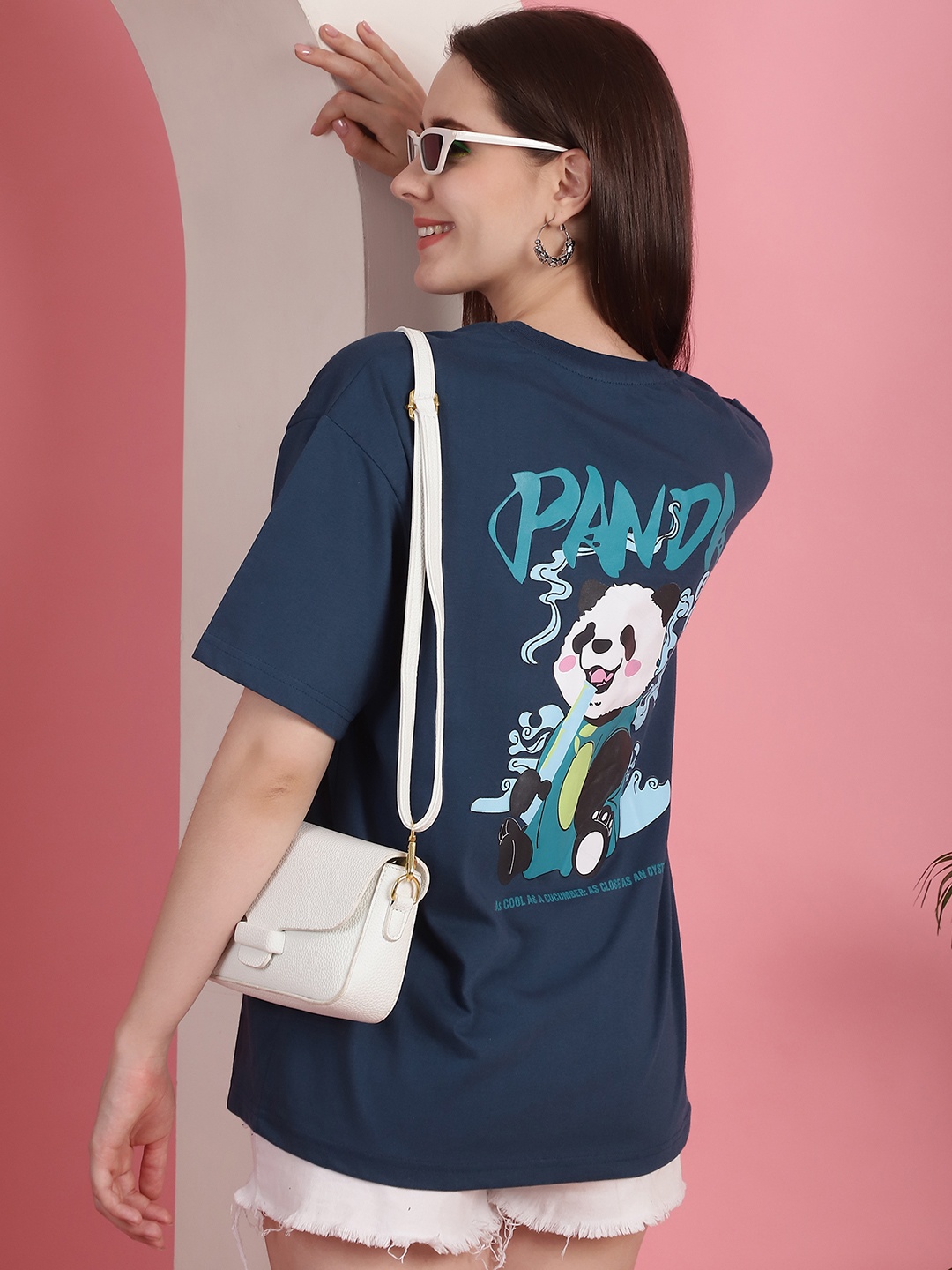 

Fabflee Women Graphic Printed Round Neck Cotton Oversized T-shirt, Blue