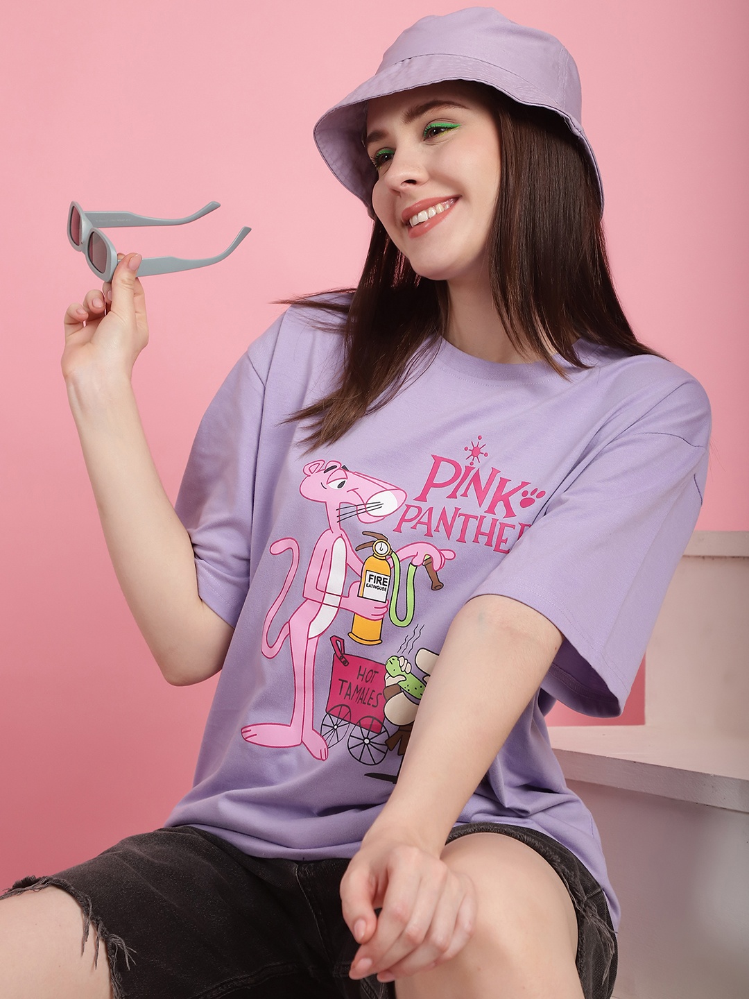 

Fabflee Women Graphic Printed Round Neck Cotton Oversized T-shirt, Lavender