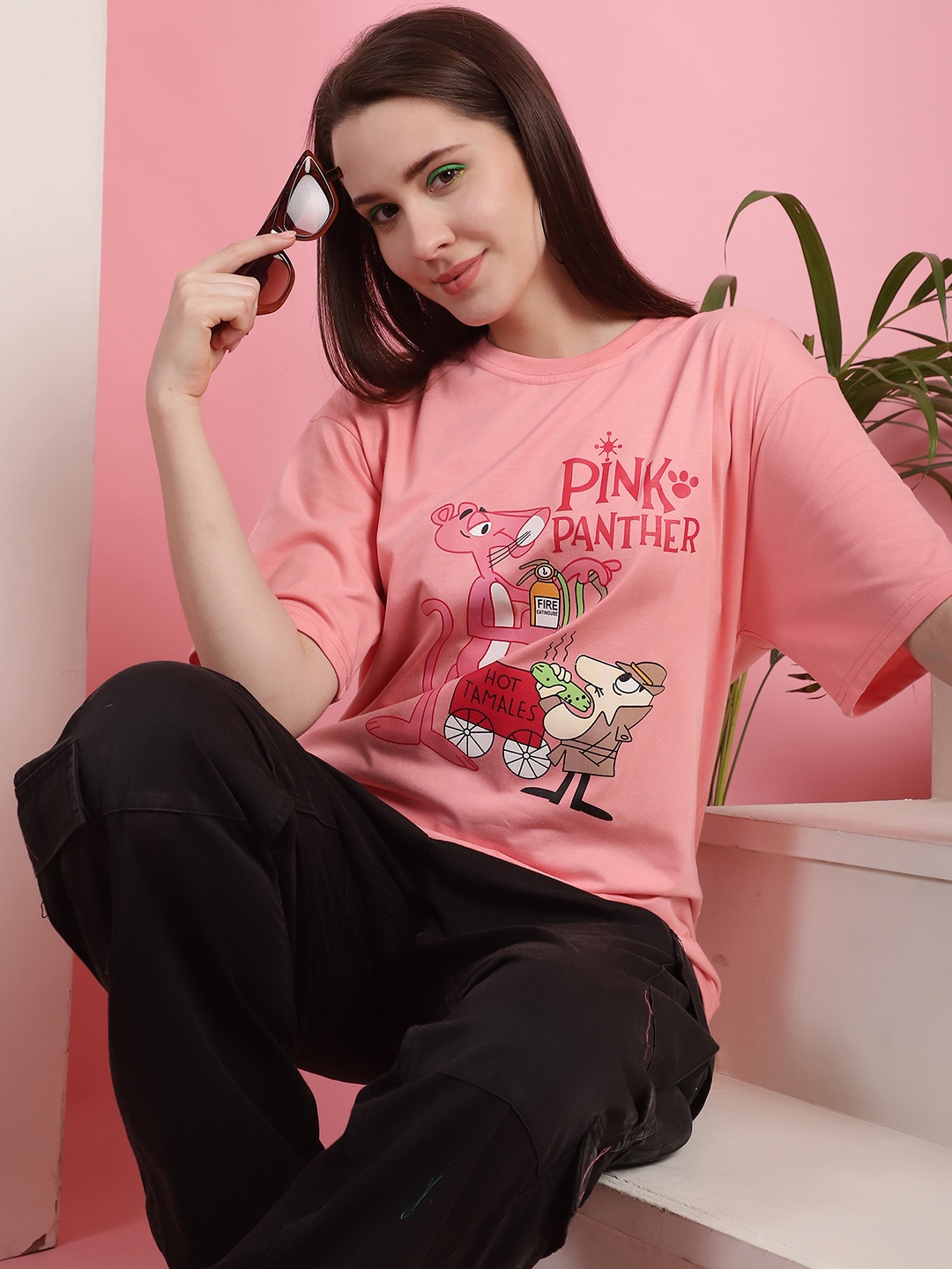 

Fabflee Women Graphic Printed Round Neck Cotton Oversized T-shirt, Pink