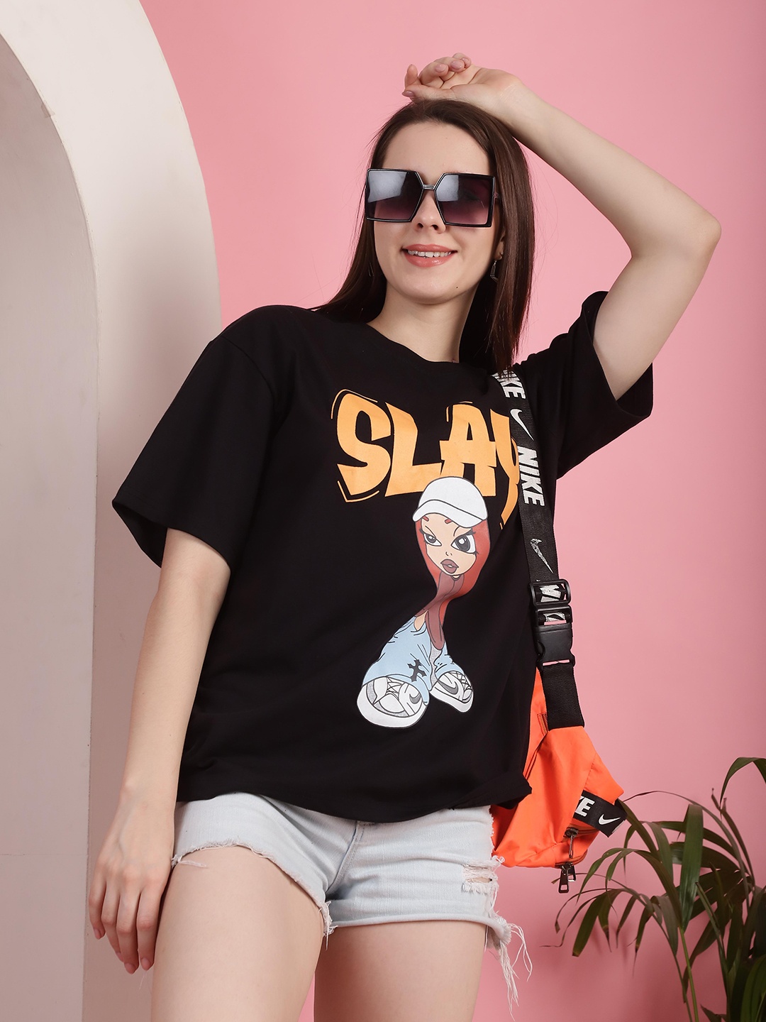 

Fabflee Women Graphic Printed Round Neck Cotton Oversized T-shirt, Black