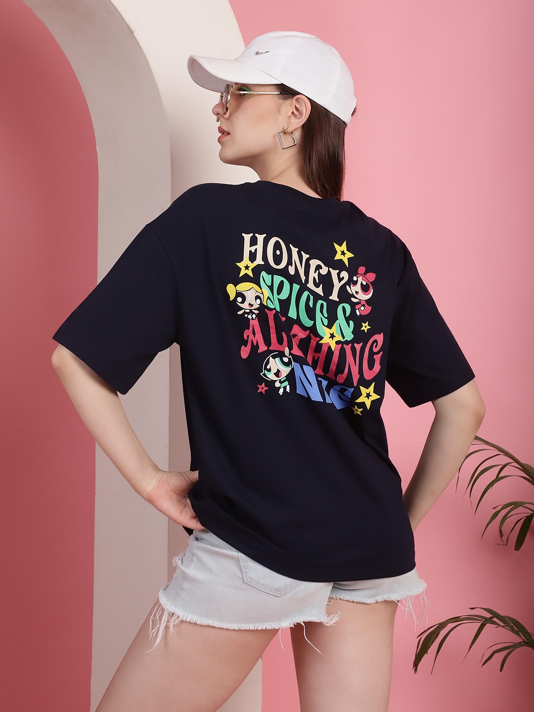 

Fabflee Women Graphic Printed Round Neck Cotton Oversized T-shirt, Navy blue