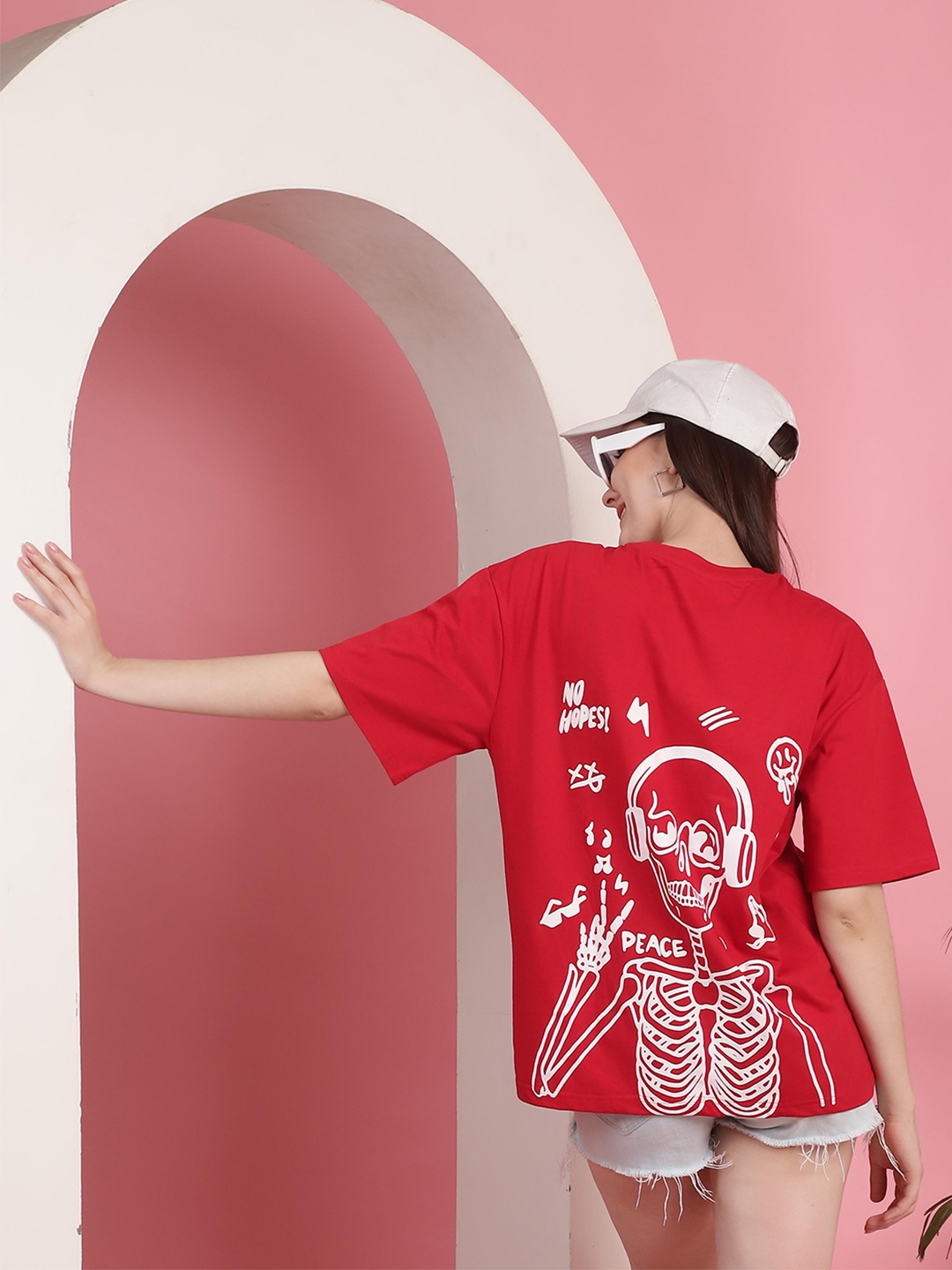 

Fabflee Women Graphic Printed Round Neck Cotton Oversized T-shirt, Red