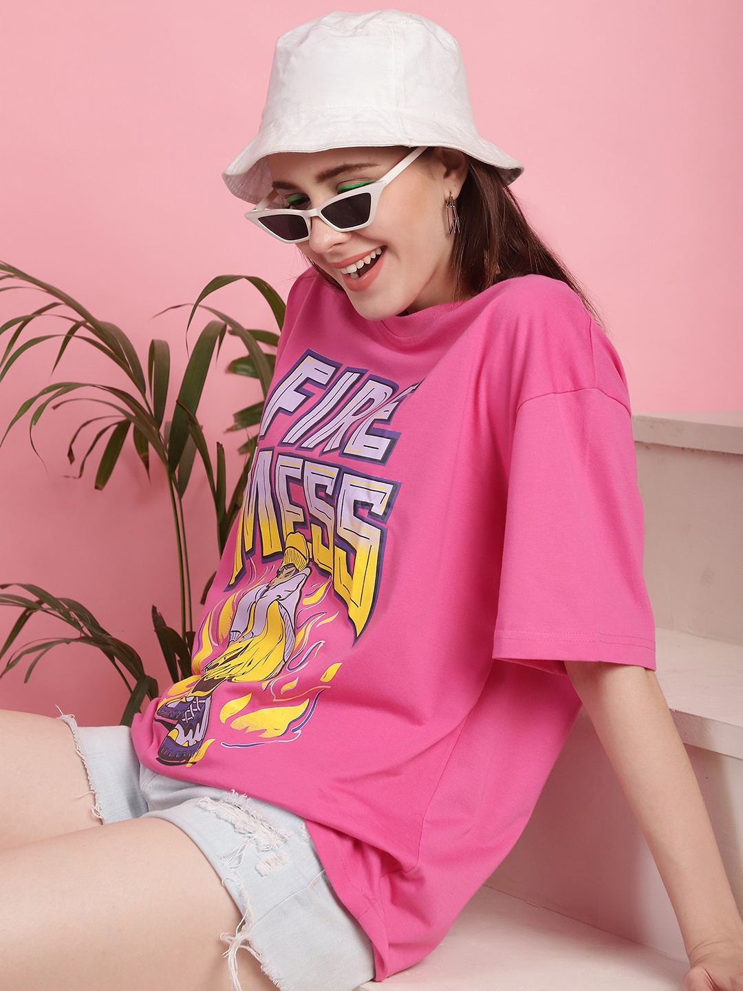 

Fabflee Women Graphic Printed Round Neck Cotton Oversized T-shirt, Pink