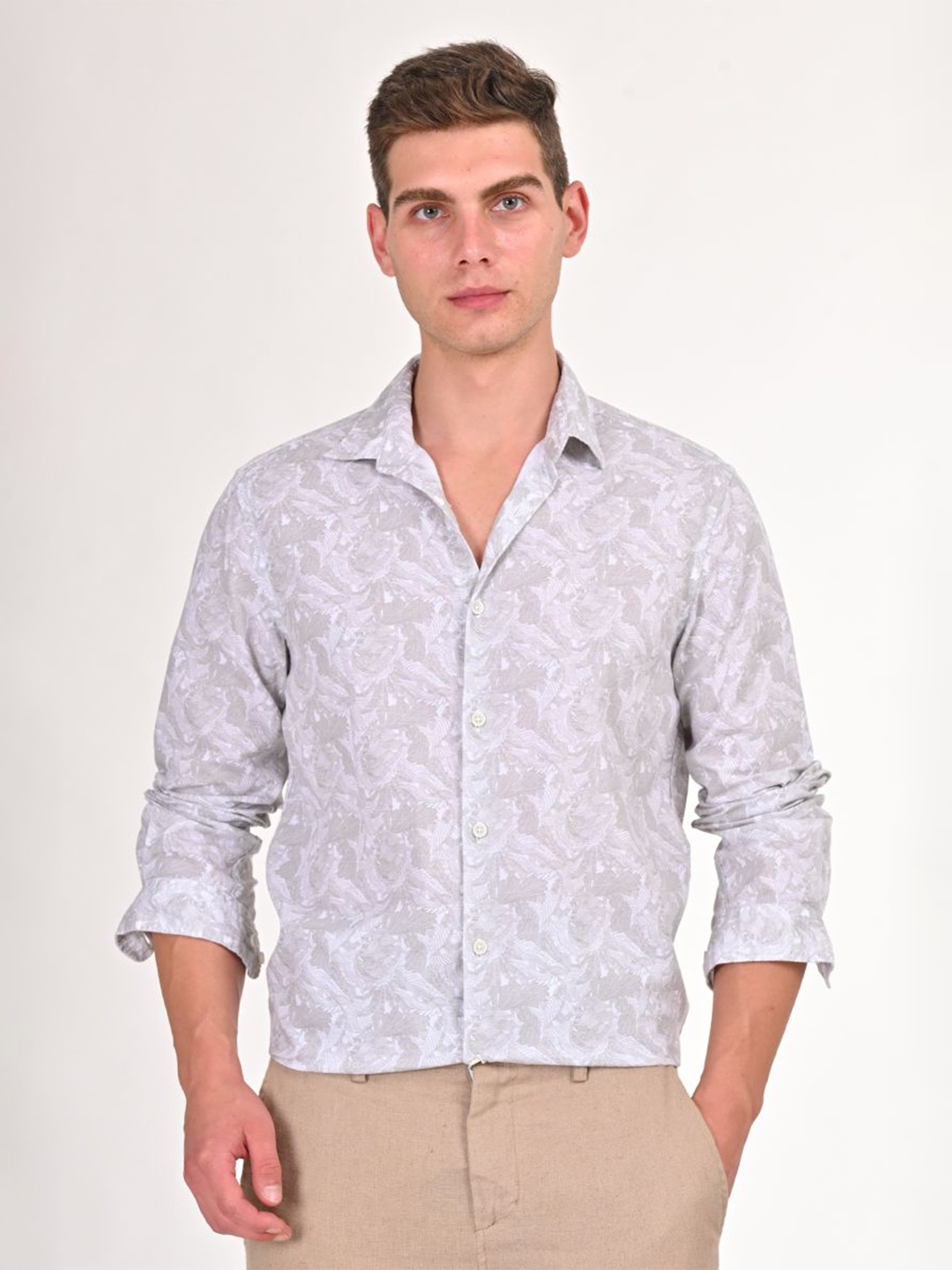 

POE Men Smart Slim Fit Floral Printed Casual Shirt, Beige