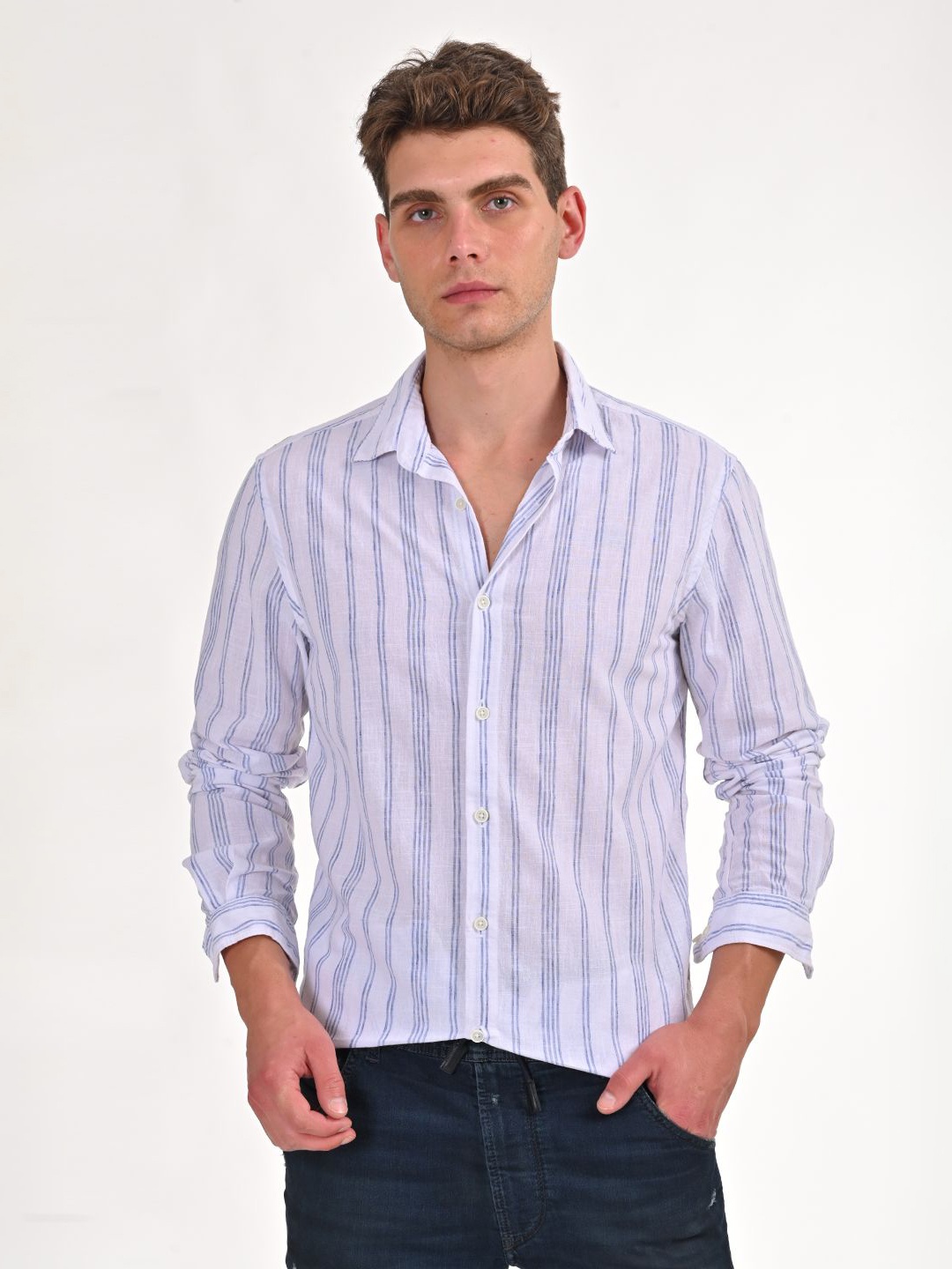 

POE Men Smart Slim Fit Striped Casual Shirt, Blue