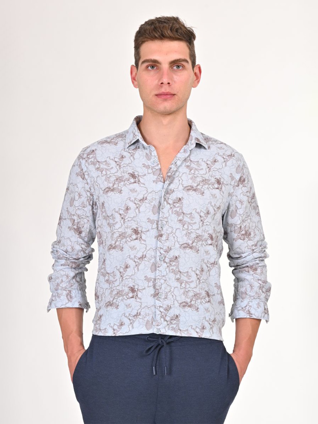 

POE Men Smart Slim Fit Abstract Printed Cotton Casual Shirt, Blue