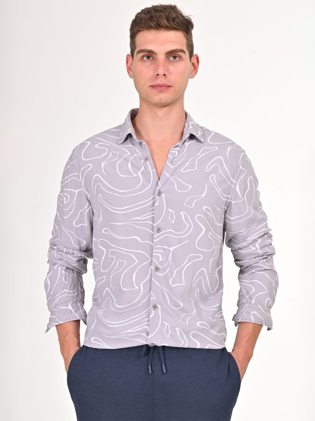 

POE Men Smart Slim Fit Abstract Printed Casual Shirt, Grey