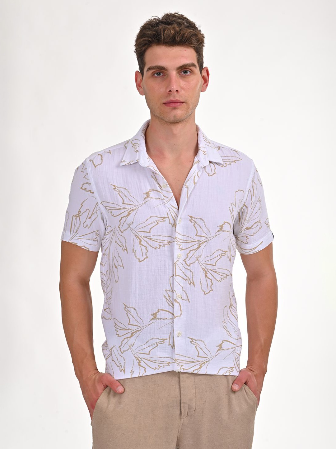 

POE Men Smart Slim Fit Abstract Printed Cotton Casual Shirt, Beige