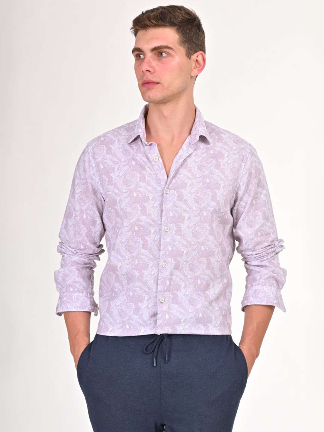 

POE Men Smart Slim Fit Floral Printed Casual Shirt, Purple