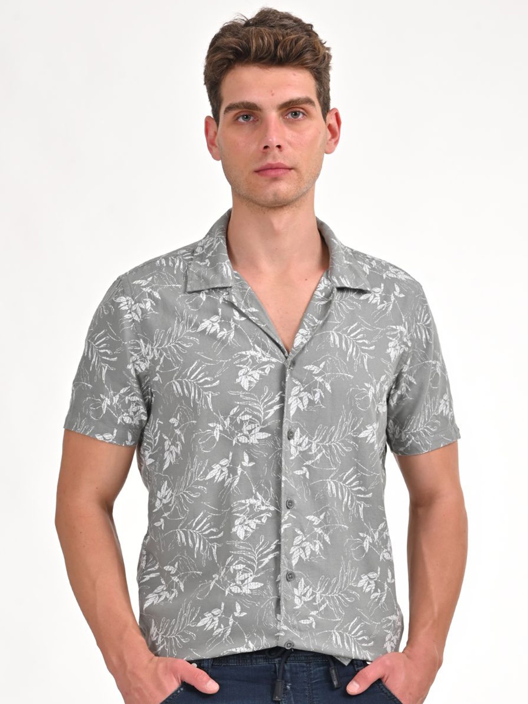 

POE Men Smart Slim Fit Floral Printed Cotton Casual Shirt, Green