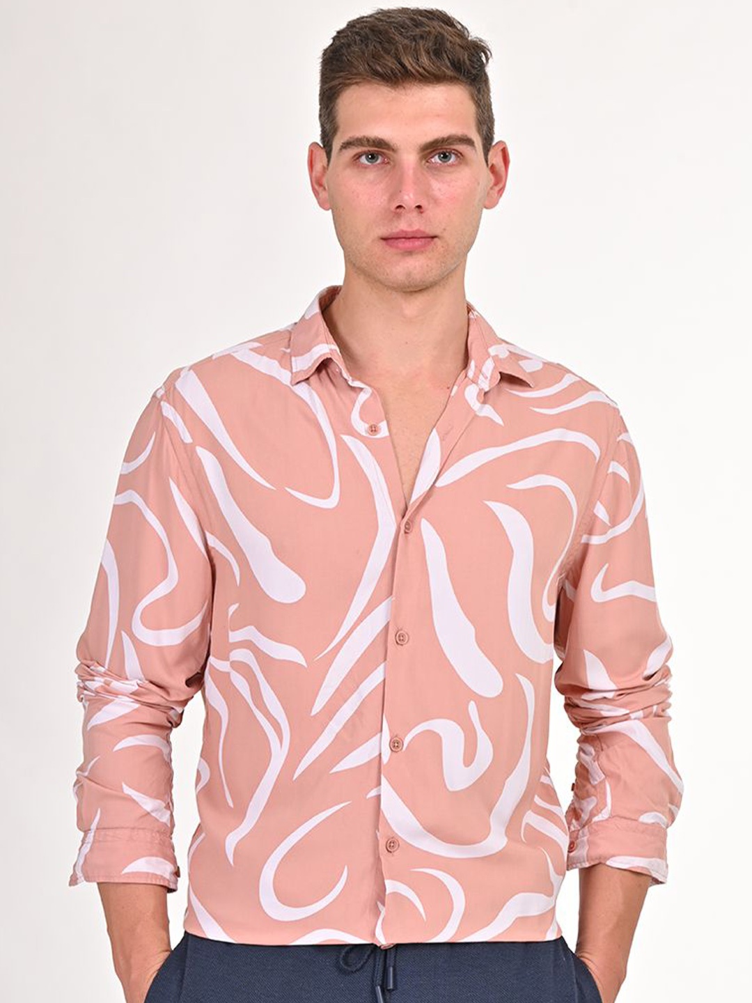 

POE Men Smart Slim Fit Abstract Printed Casual Shirt, Pink
