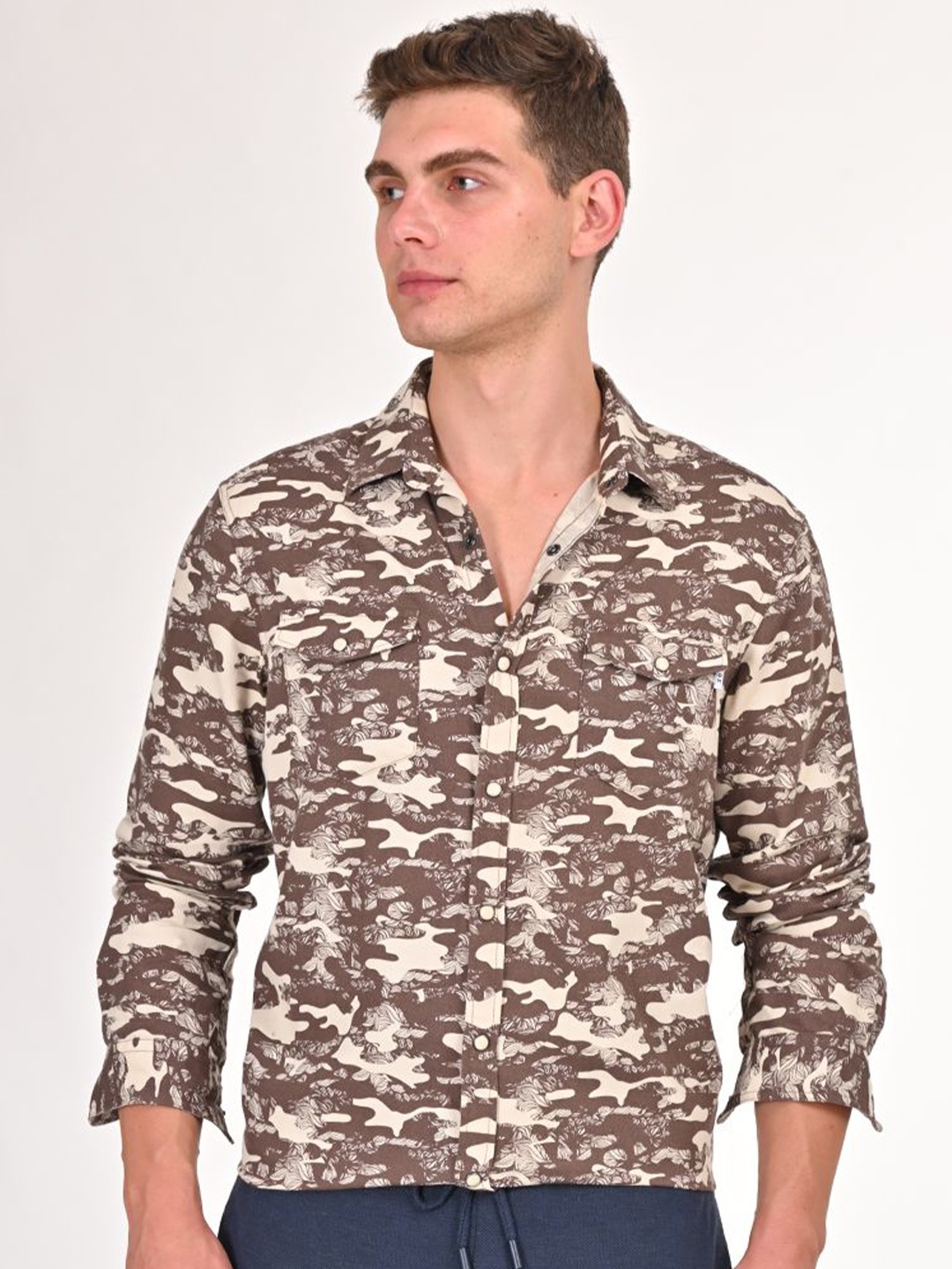

POE Men Smart Slim Fit Abstract Printed Cotton Casual Shirt, Brown
