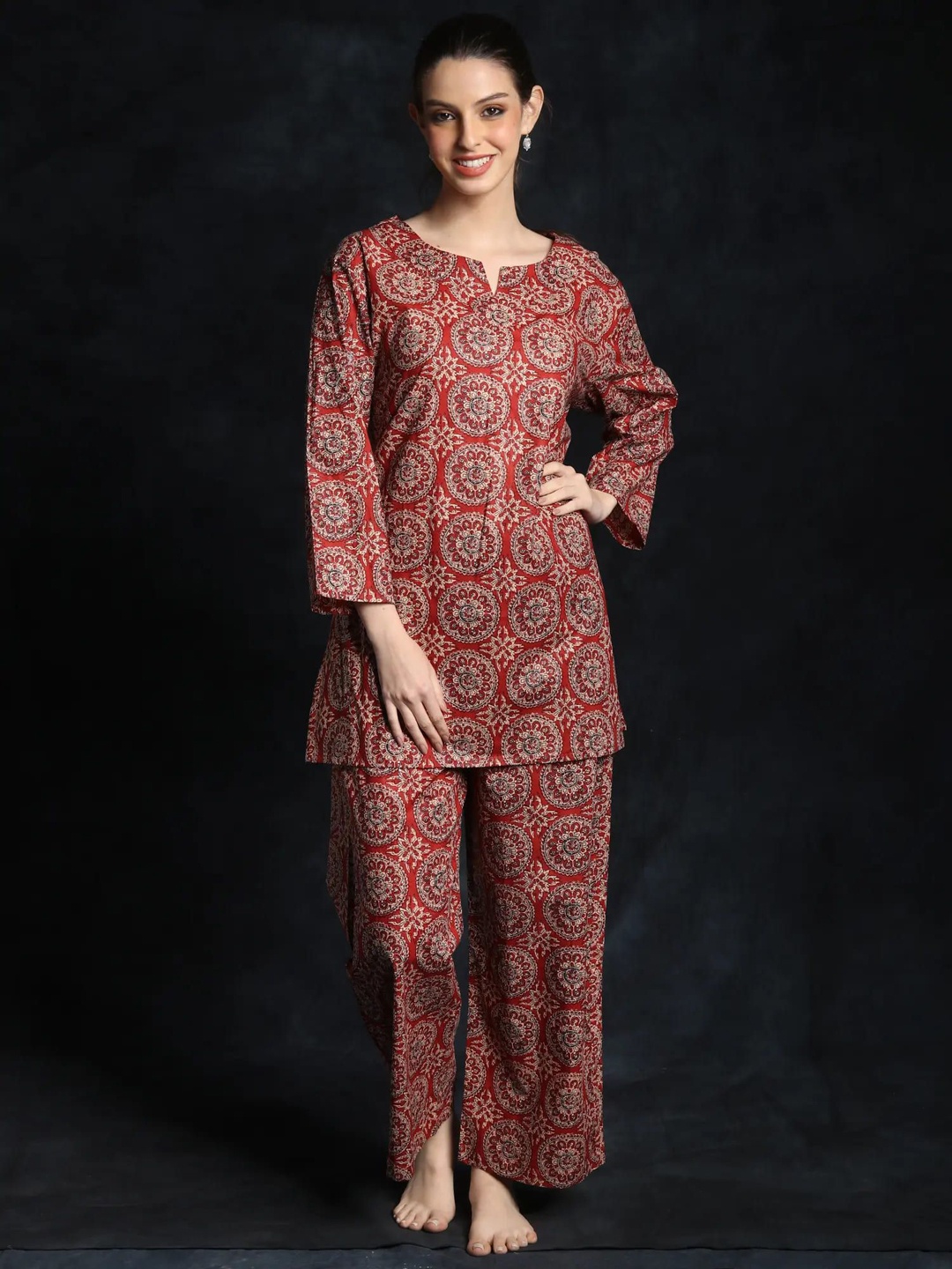 

Exotic India Women Printed Pure Cotton Night suit, Red