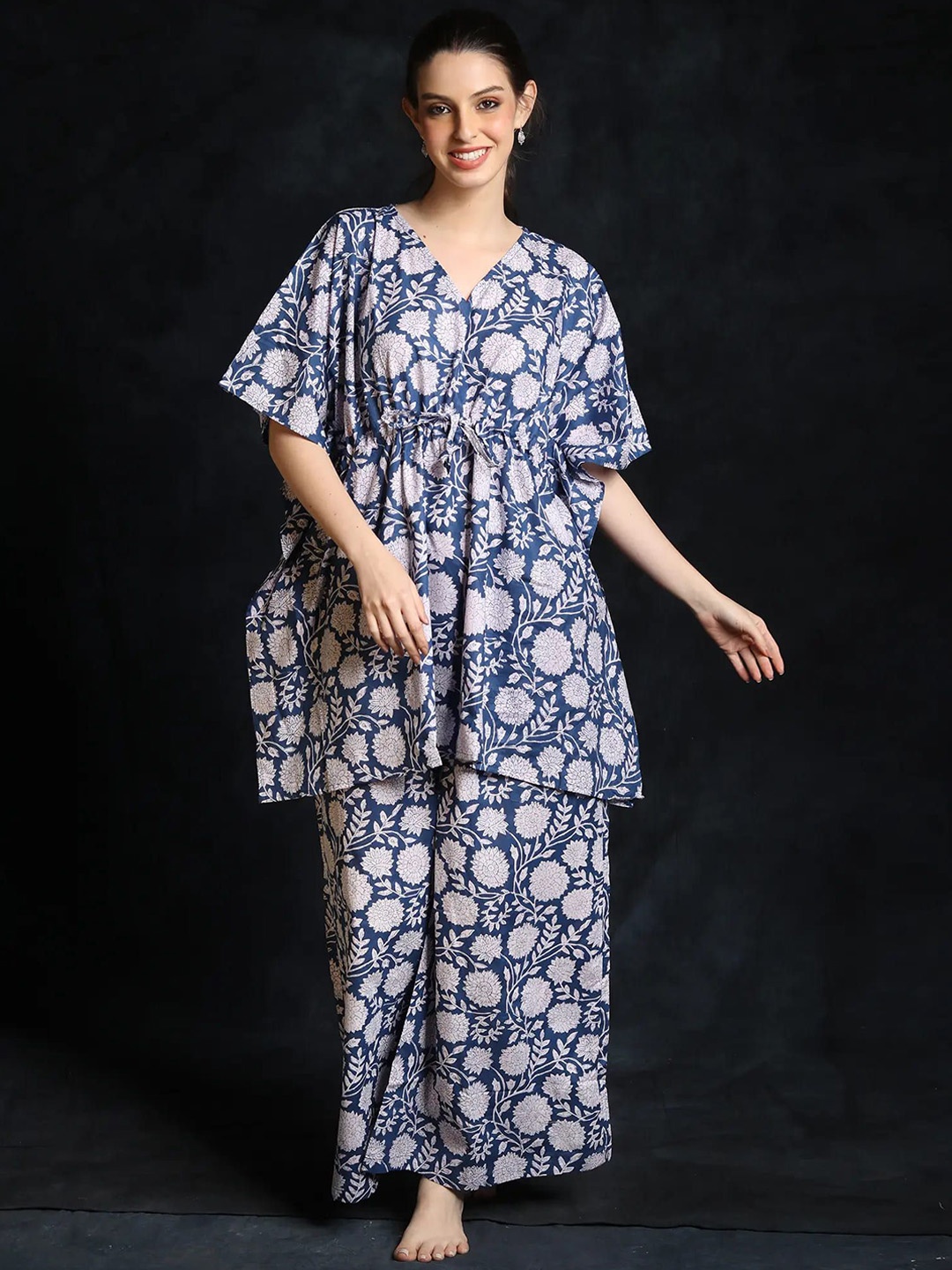 

Exotic India Women Floral Printed Pure Cotton Night suit, Blue