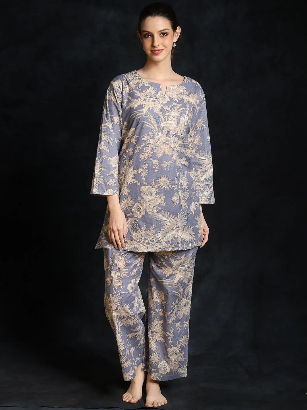 

Exotic India Women Printed Pure Cotton Night Suit, Blue