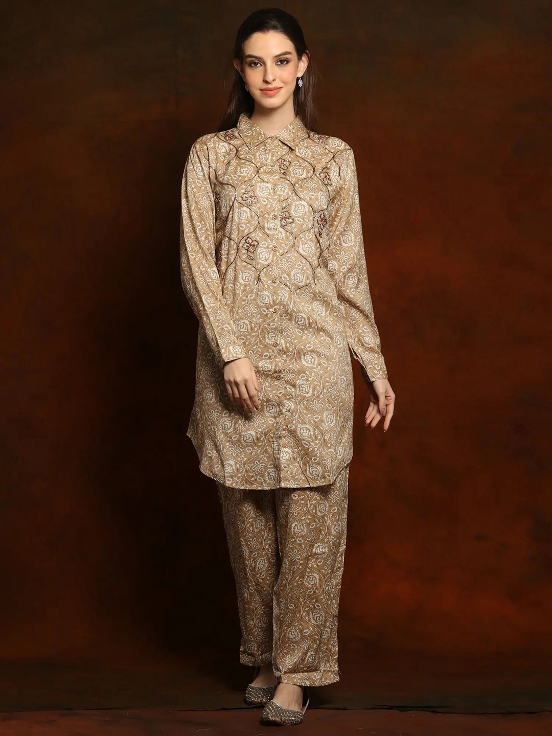 

Exotic India Printed Linen Tunic With Trousers, Brown