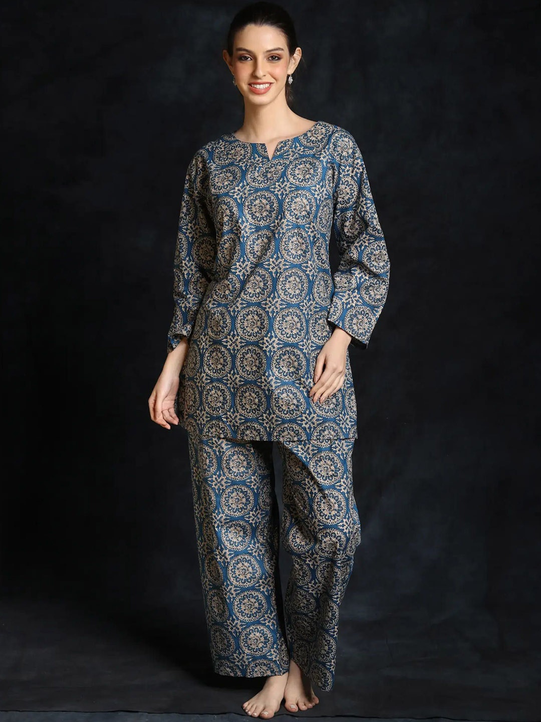 

Exotic India Women Printed Pure Cotton Night suit, Blue