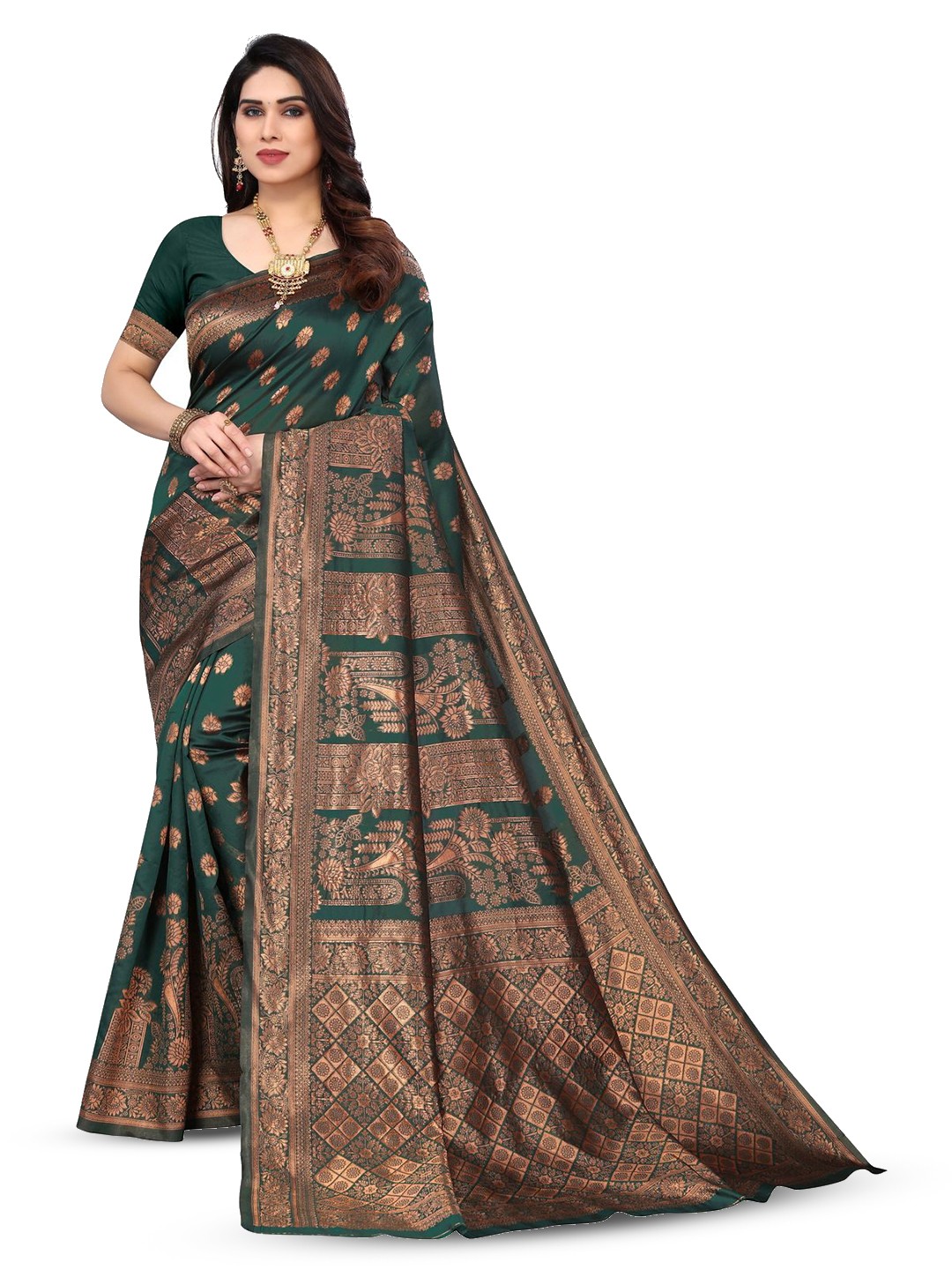 

Varanga Ethnic Motif Zari Woven Kanjeevaram Saree, Green