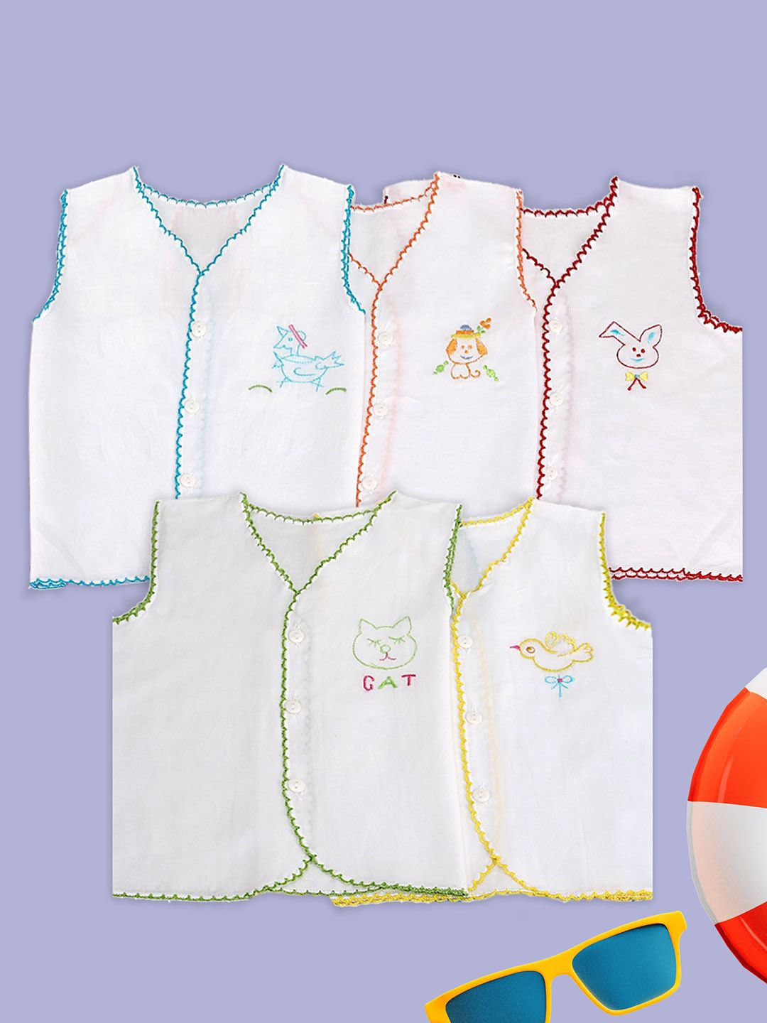 

Baby Moo Animal Embroidery V-Neck Sleeveless Front Opening Button Cotton Jhablas 5 Pcs, Pink