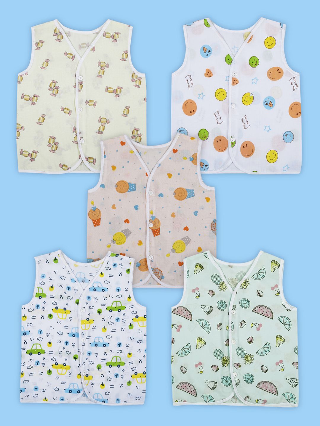 

Baby Moo Car And Fruit Print V-Neck Sleeveless Front Opening Button Cotton Jhablas 5 Pcs, White