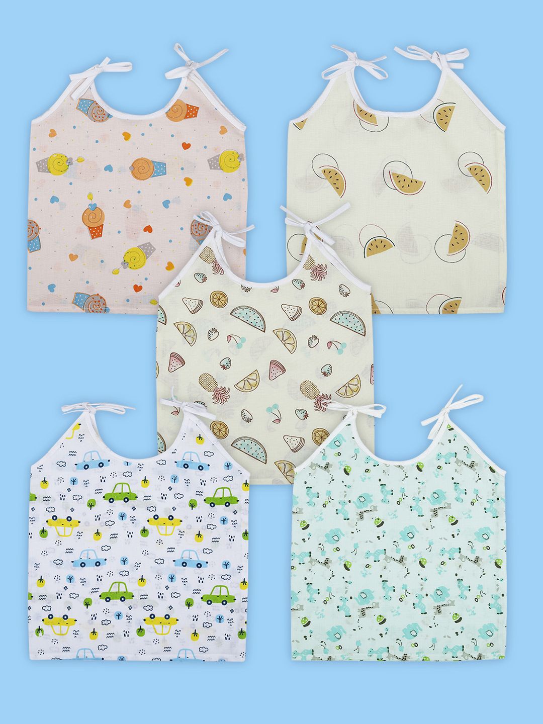 

Baby Moo Car And Nature Theme Round Neck Sleeveless Tie Knot Cotton Jhablas 5 Pcs, Yellow