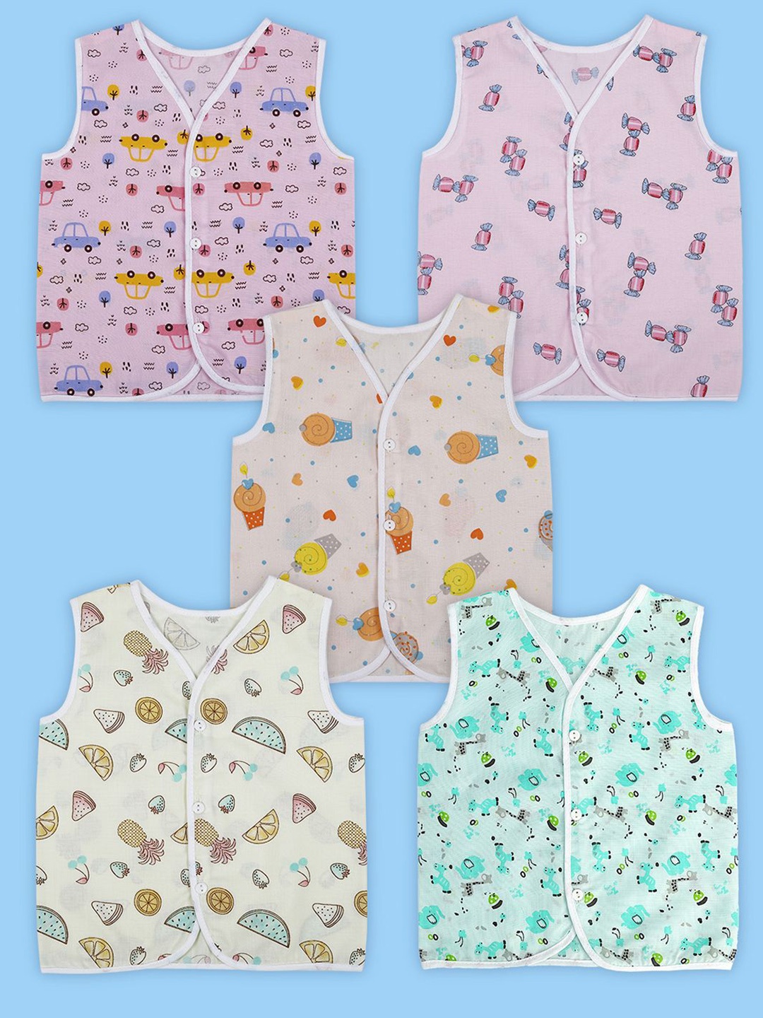 

Baby Moo Multi Print V-Neck Sleeveless Front Opening Button Cotton Jhablas 5 Pcs, Beige