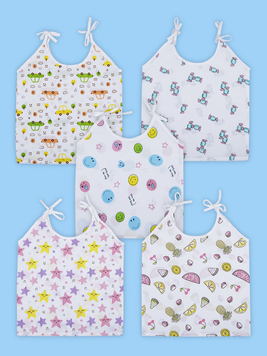 

Baby Moo Happy Sweet Stars Round Neck Sleeveless Tie Knot Cotton Jhablas 5 Pcs, White