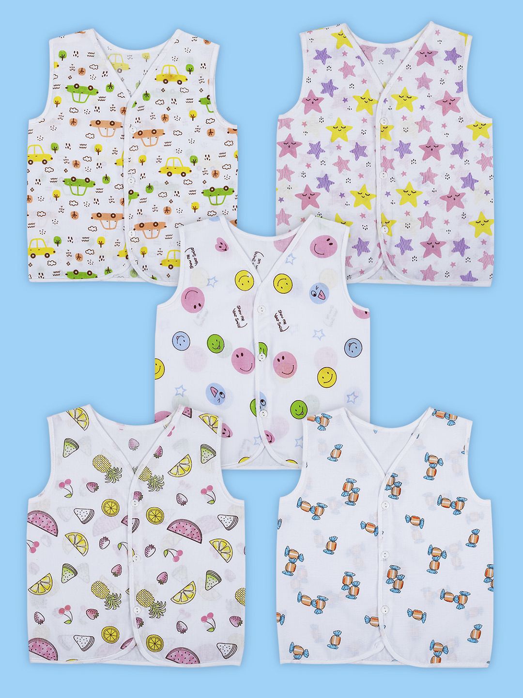 

Baby Moo Unisex Kids 5 Pcs Cotton Innerwear Vests, Multi