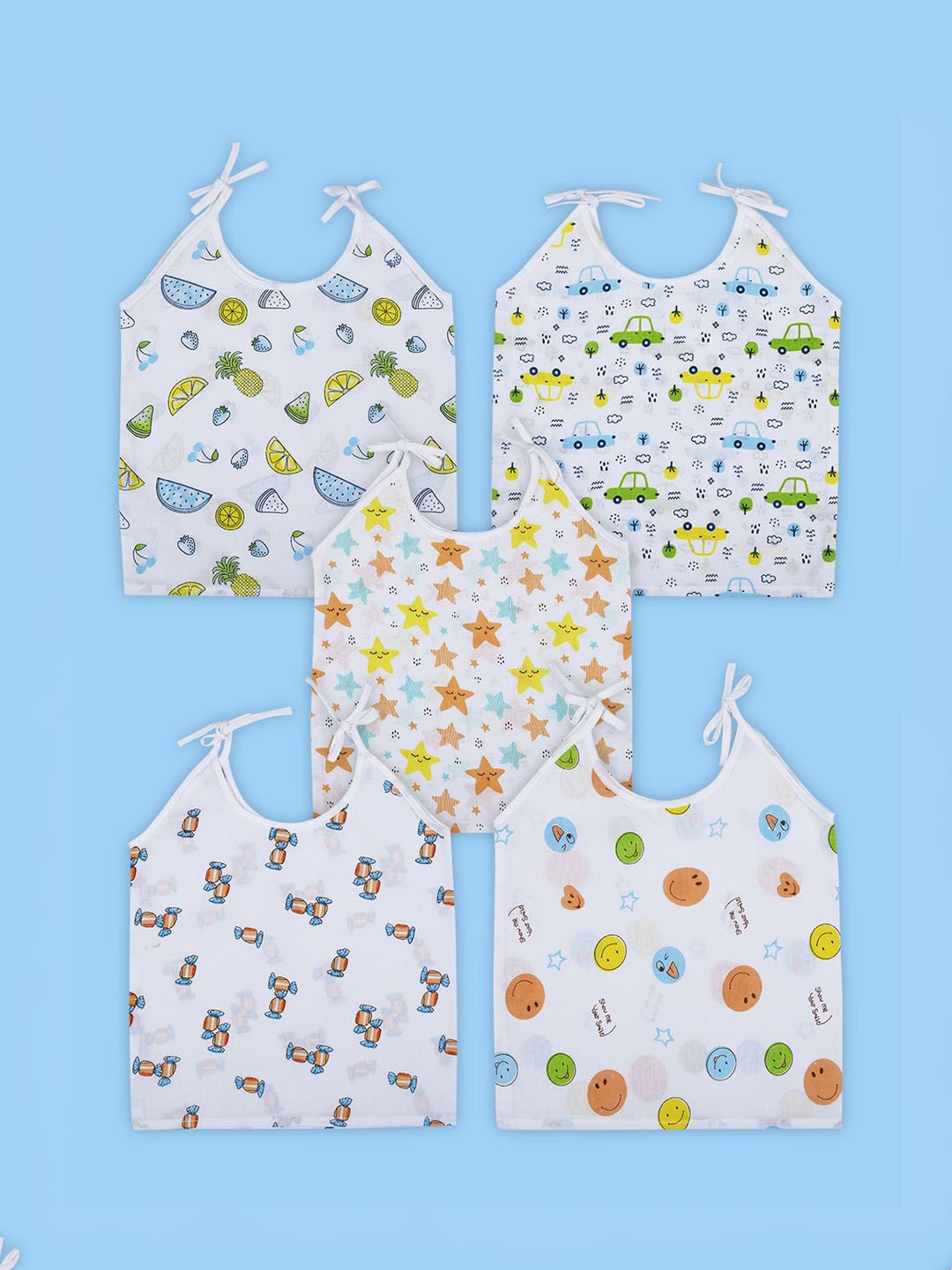 

Baby Moo Cars And Stars Round Neck Sleeveless Tie Knot Cotton Jhablas 5 Pcs, White