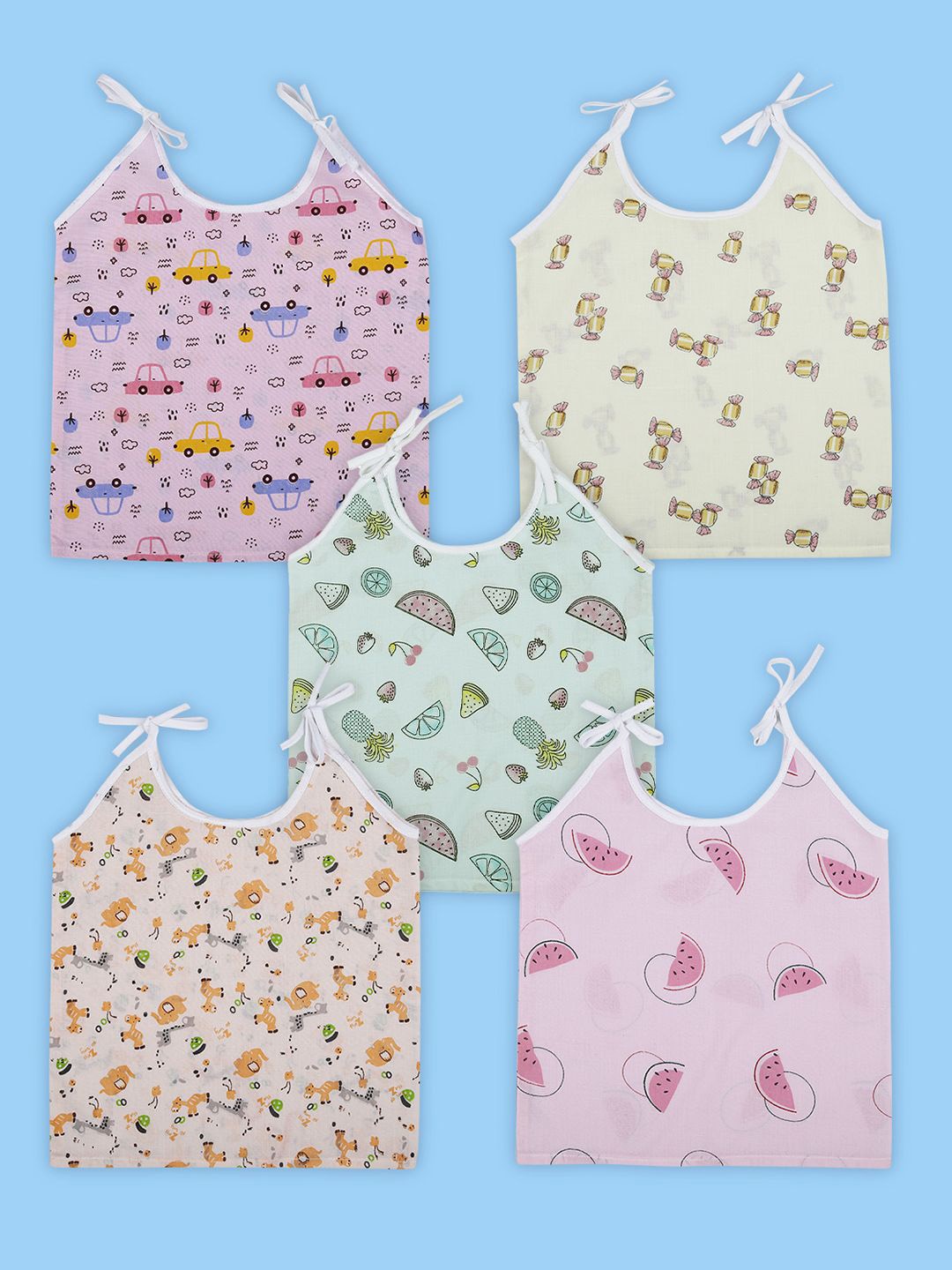 

Baby Moo Candy Crush Round Neck Sleeveless Tie Knot Cotton Jhablas 5 Pcs, Pink
