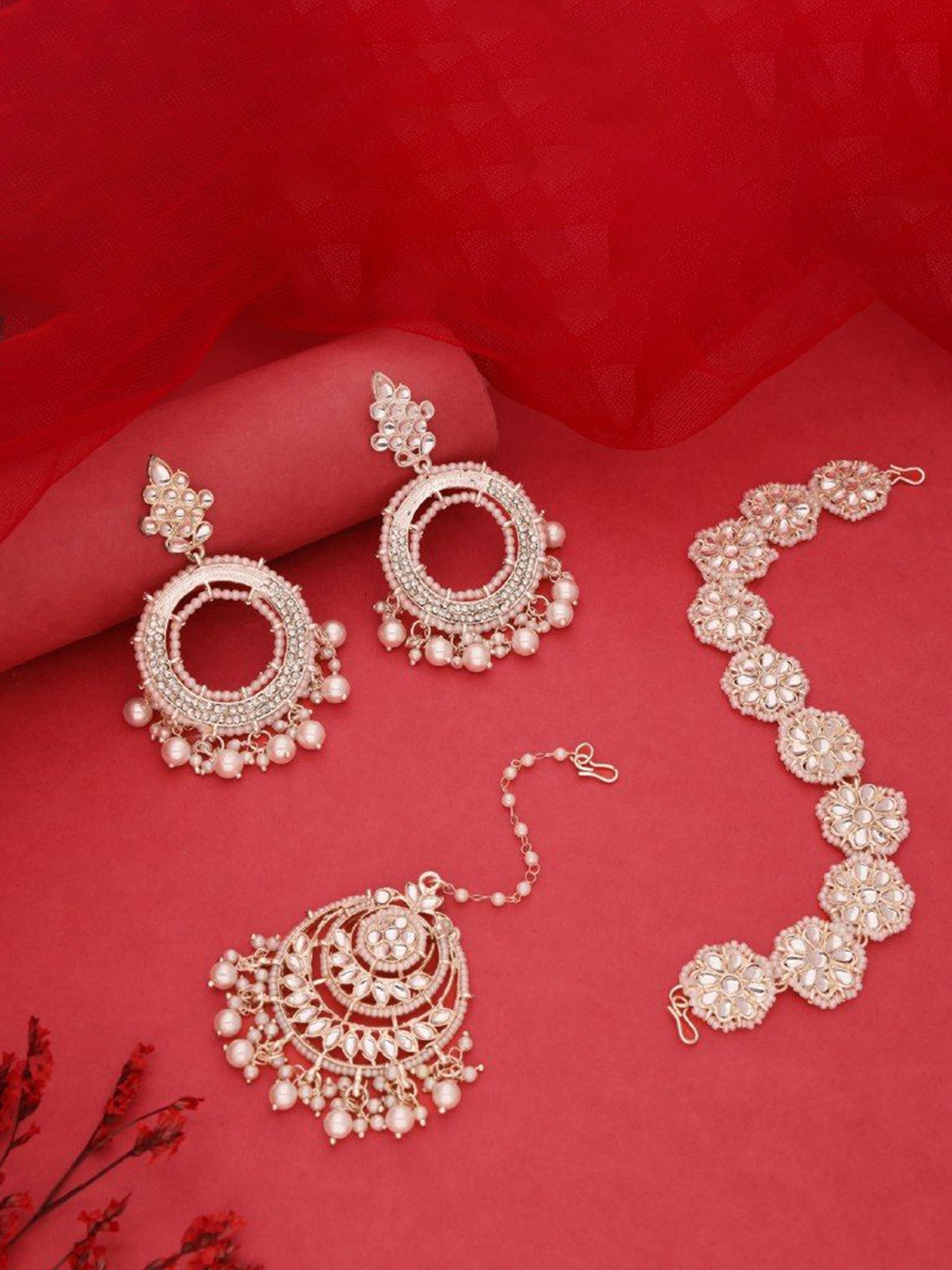 

Anouk White Gold-Plated Stone-Studded & Beaded Jewellery Set