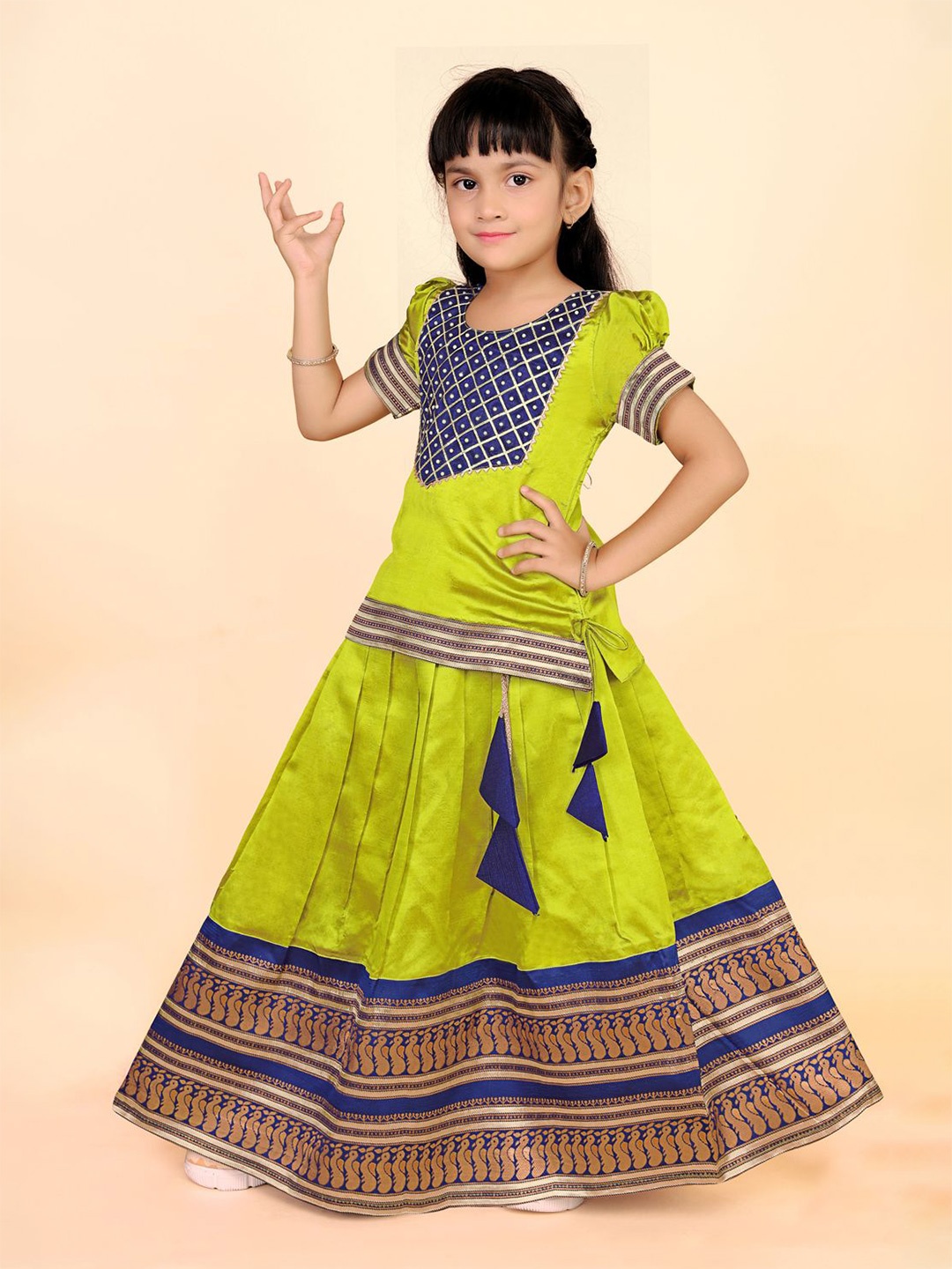 

BAESD Girls Embellished Puffed Sleeves Zari Ready to Wear Lehenga Choli, Lime green