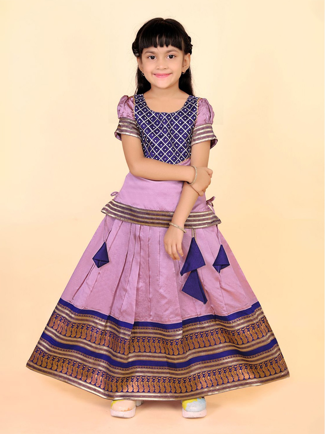 

BAESD Girls Embellished Puffed Sleeves Zari Ready to Wear Lehenga Choli, Pink