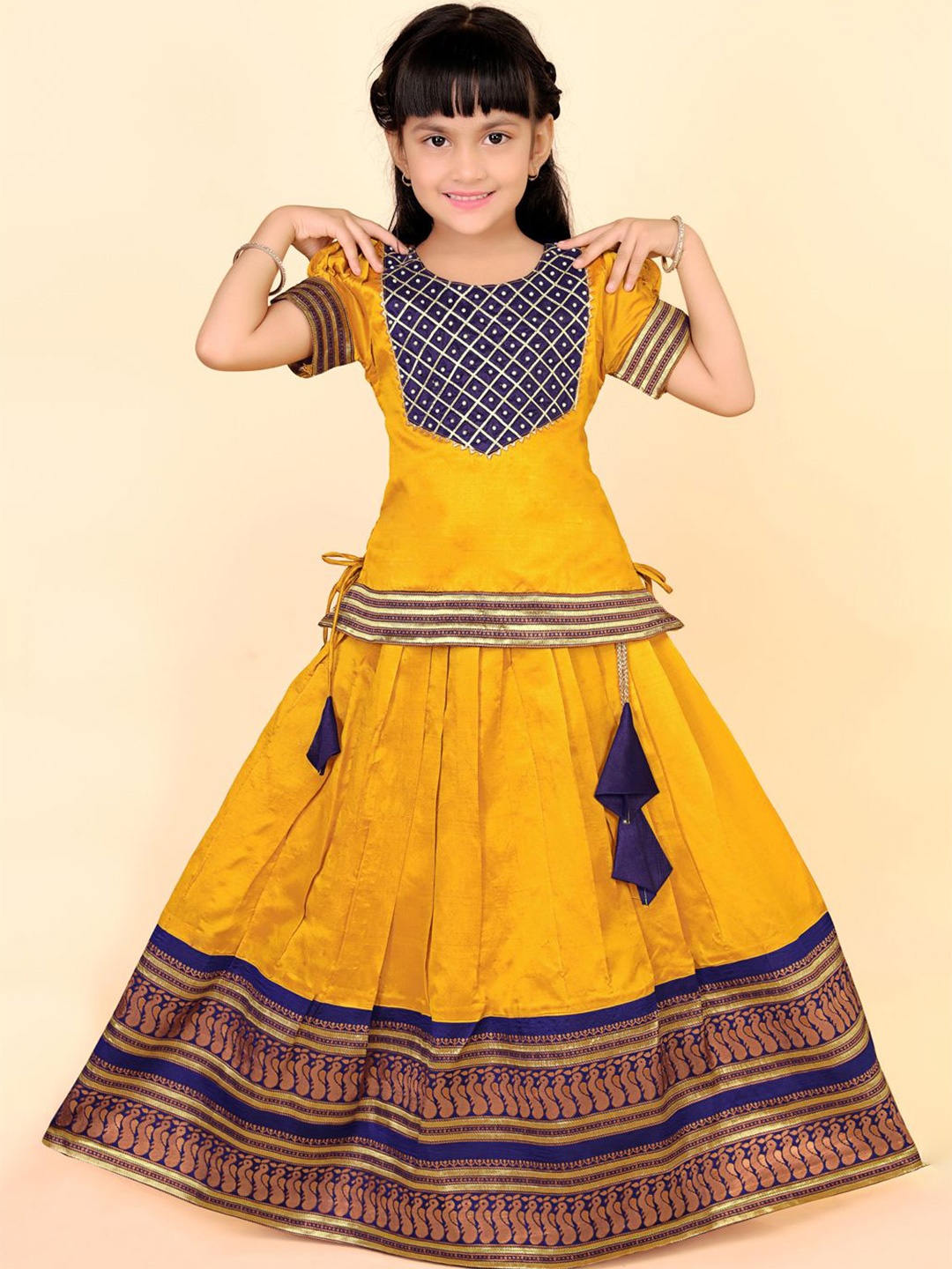 

BAESD Girls Embellished Puffed Sleeves Zari Ready to Wear Lehenga Choli, Yellow