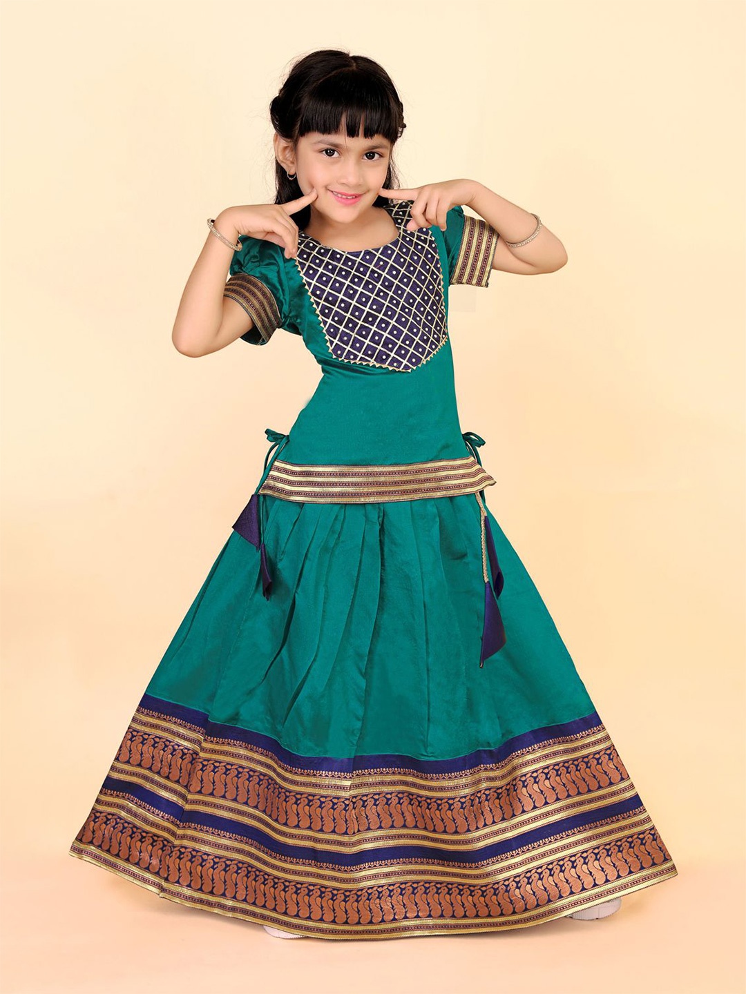 

BAESD Girls Embellished Puffed Sleeves Zari Ready to Wear Lehenga Choli, Green