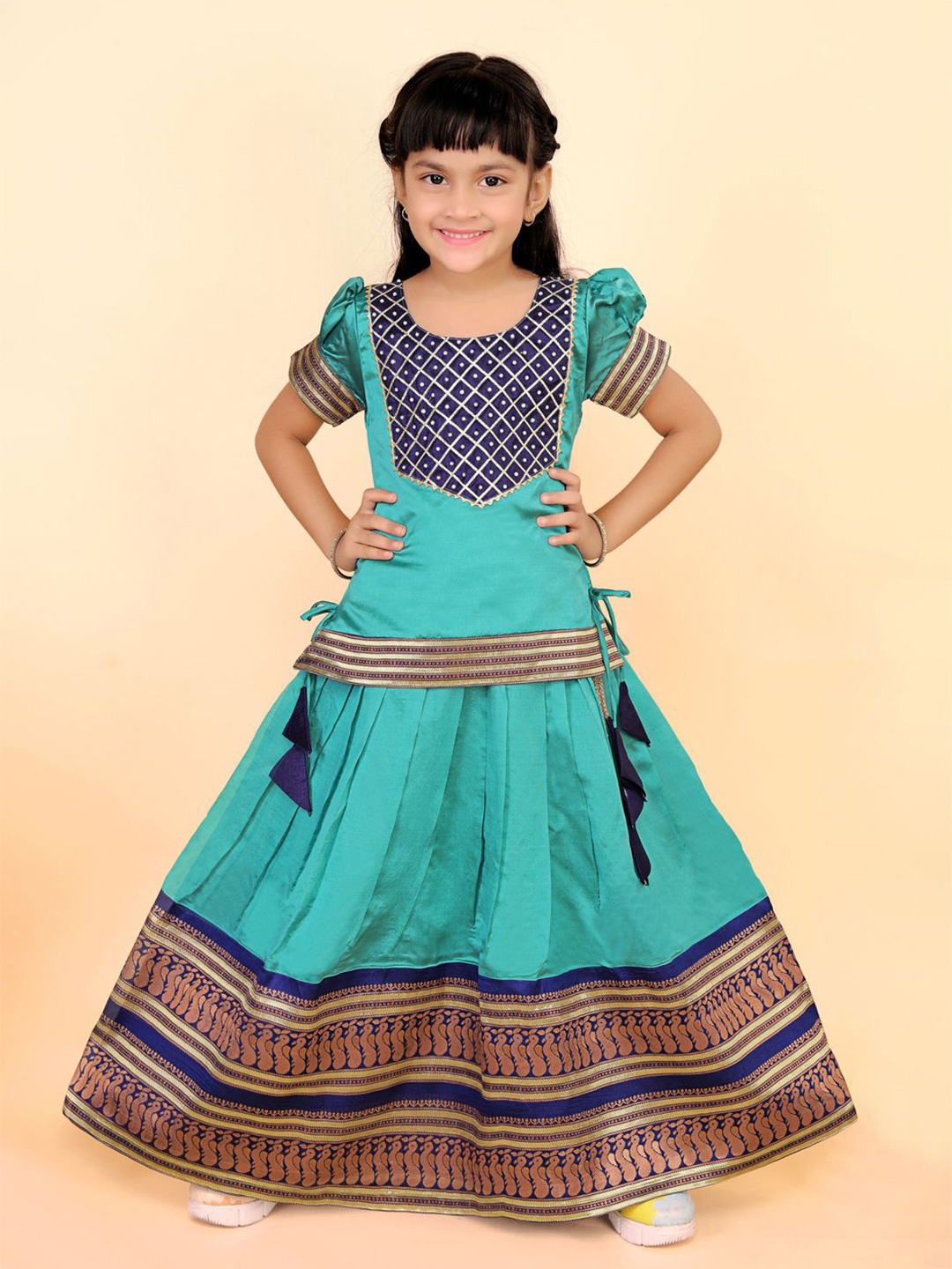 

BAESD Girls Embellished Puffed Sleeves Zari Ready to Wear Lehenga Choli, Turquoise blue