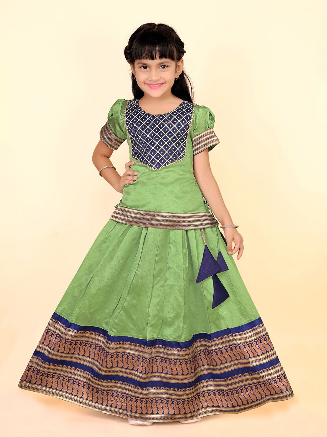 

BAESD Girls Embellished Puffed Sleeves Zari Ready to Wear Lehenga Choli, Green