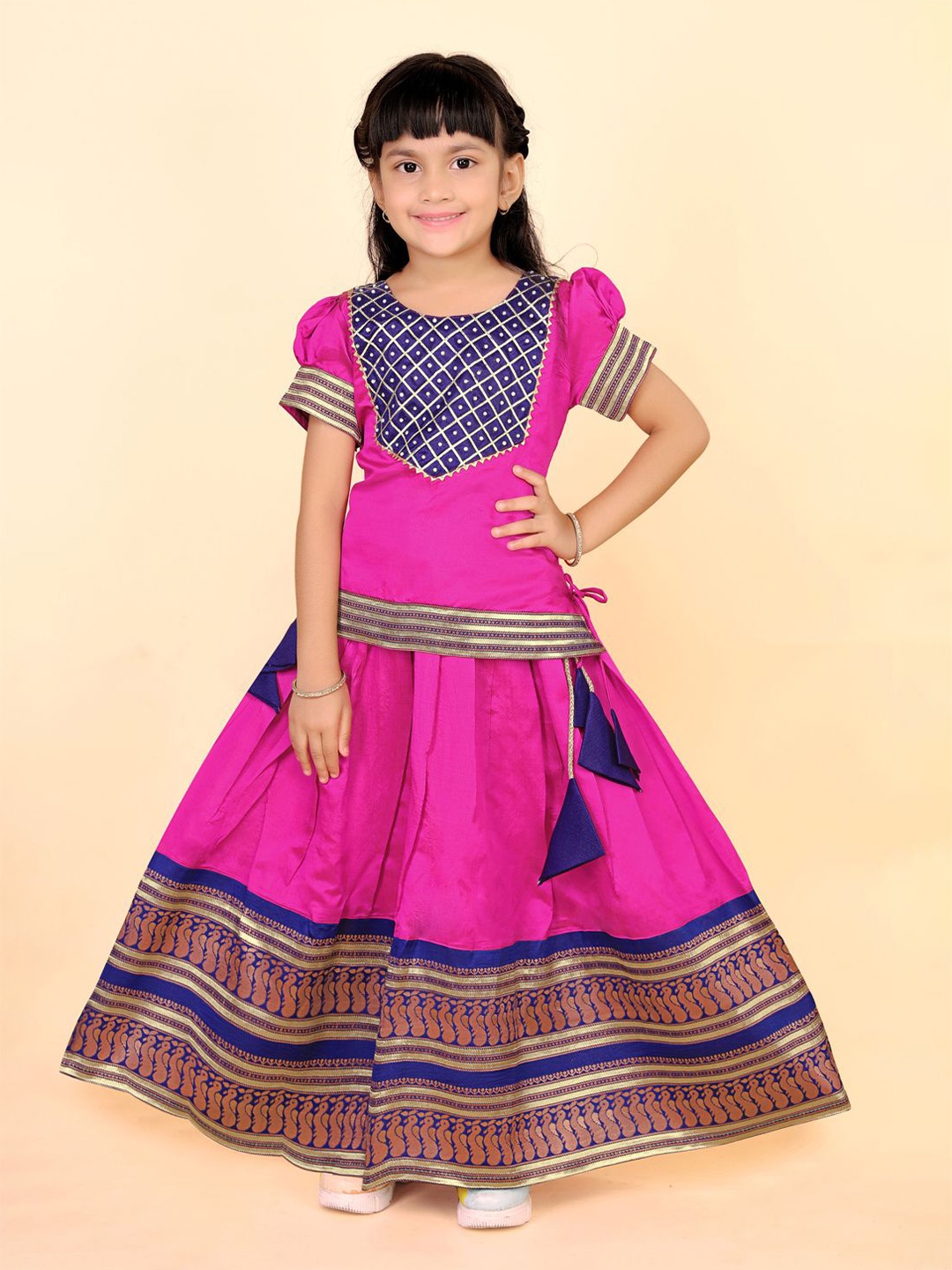 

BAESD Girls Embellished Puffed Sleeves Zari Ready to Wear Lehenga Choli, Fuchsia