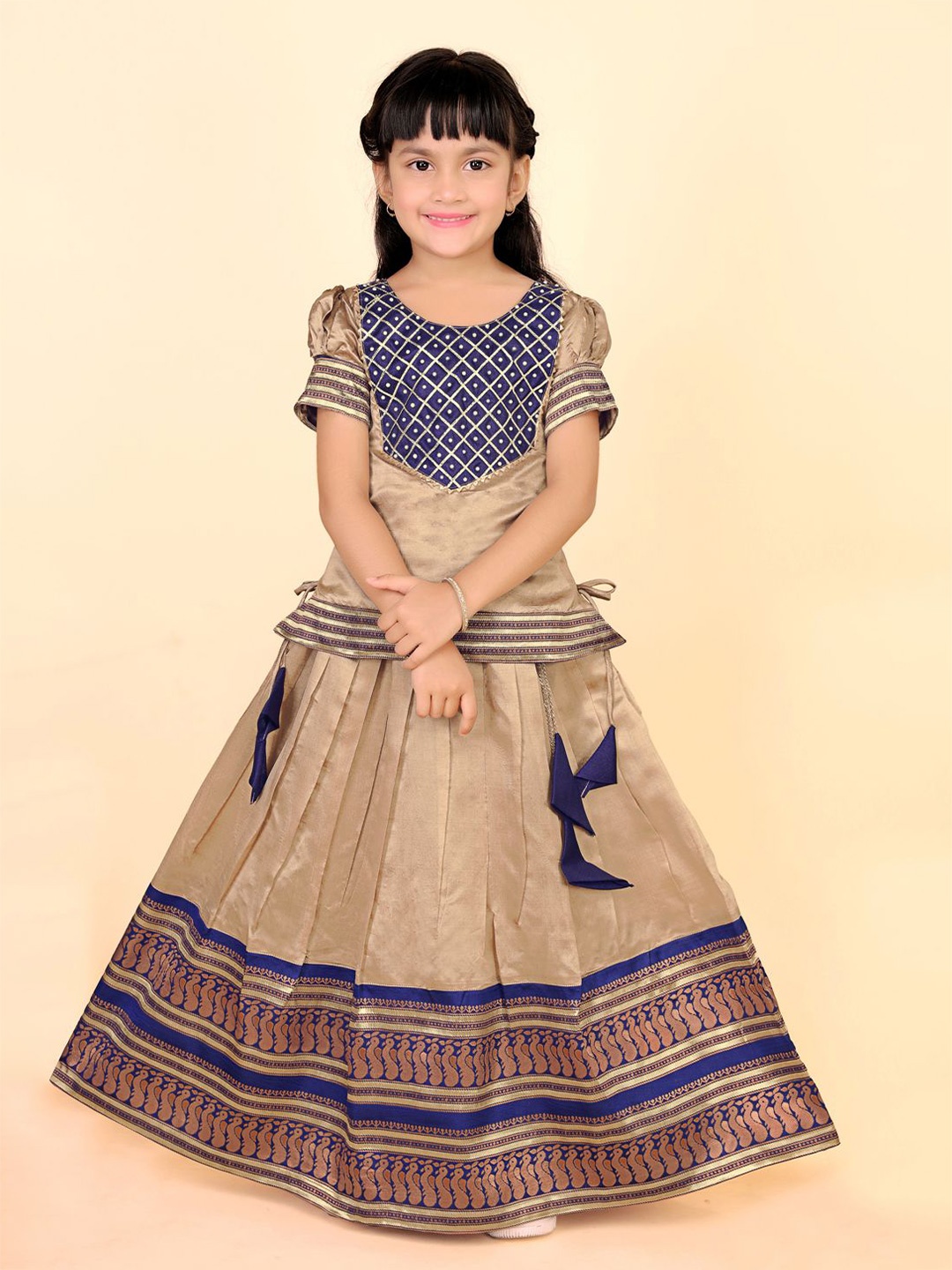 

BAESD Girls Embellished Puffed Sleeves Zari Ready to Wear Lehenga Choli, Beige