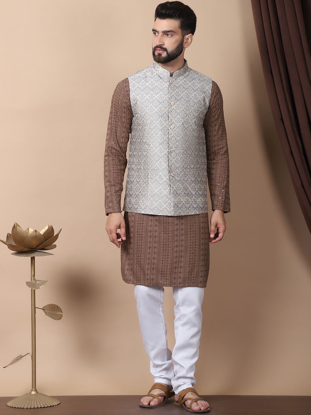 

Anouk Brown Floral Embroidered Sequinned Pure Cotton Kurta with Churidar & Nehru Jacket