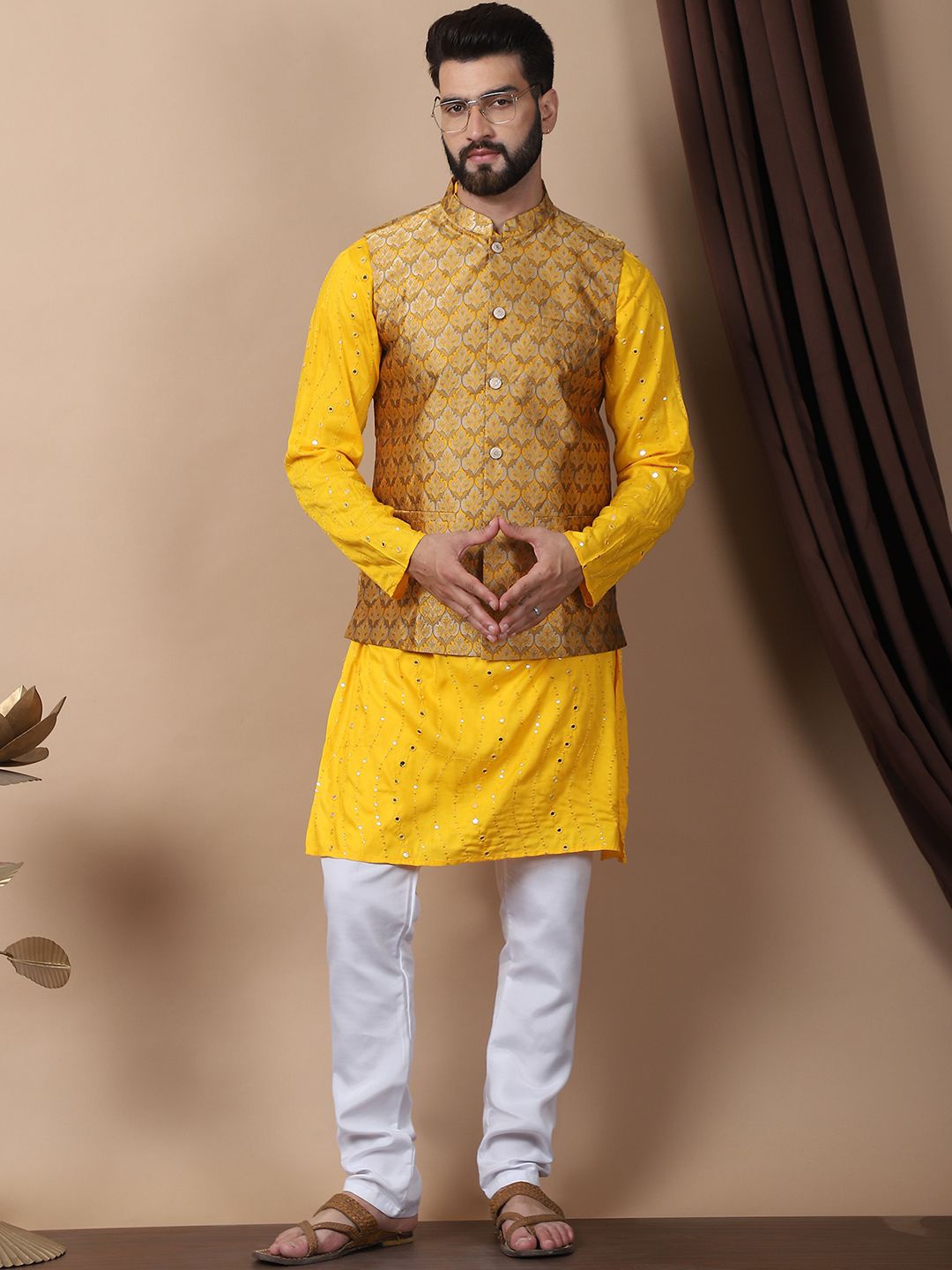 

Anouk White Leheriya Embroidered Sequinned Pure Cotton Kurta with Churidar & Nehru Jacket, Mustard