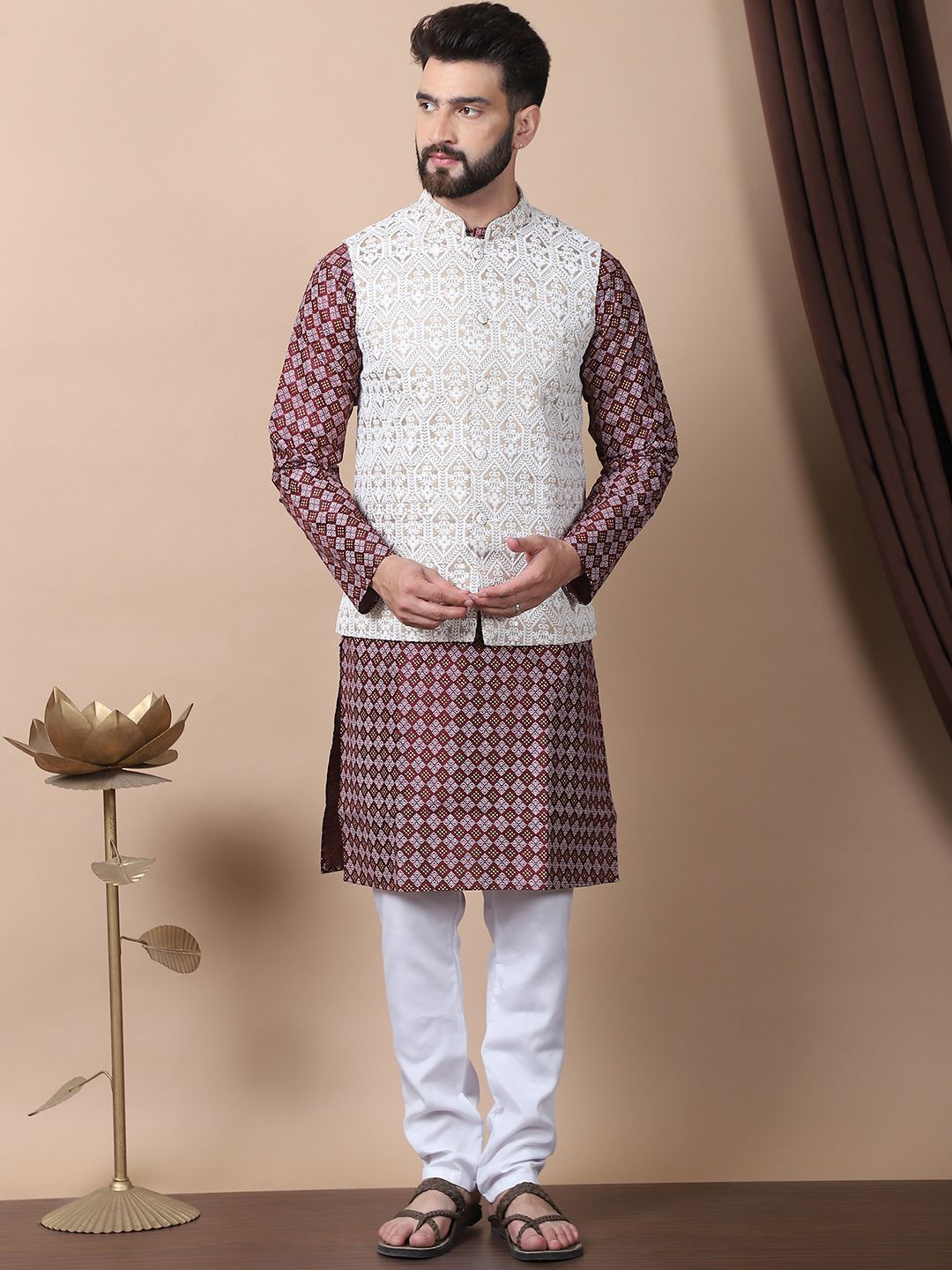 

Anouk Maroon Ethnic Motifs Printed Mandarin Collar Kurta with Churidar & Nehru Jacket