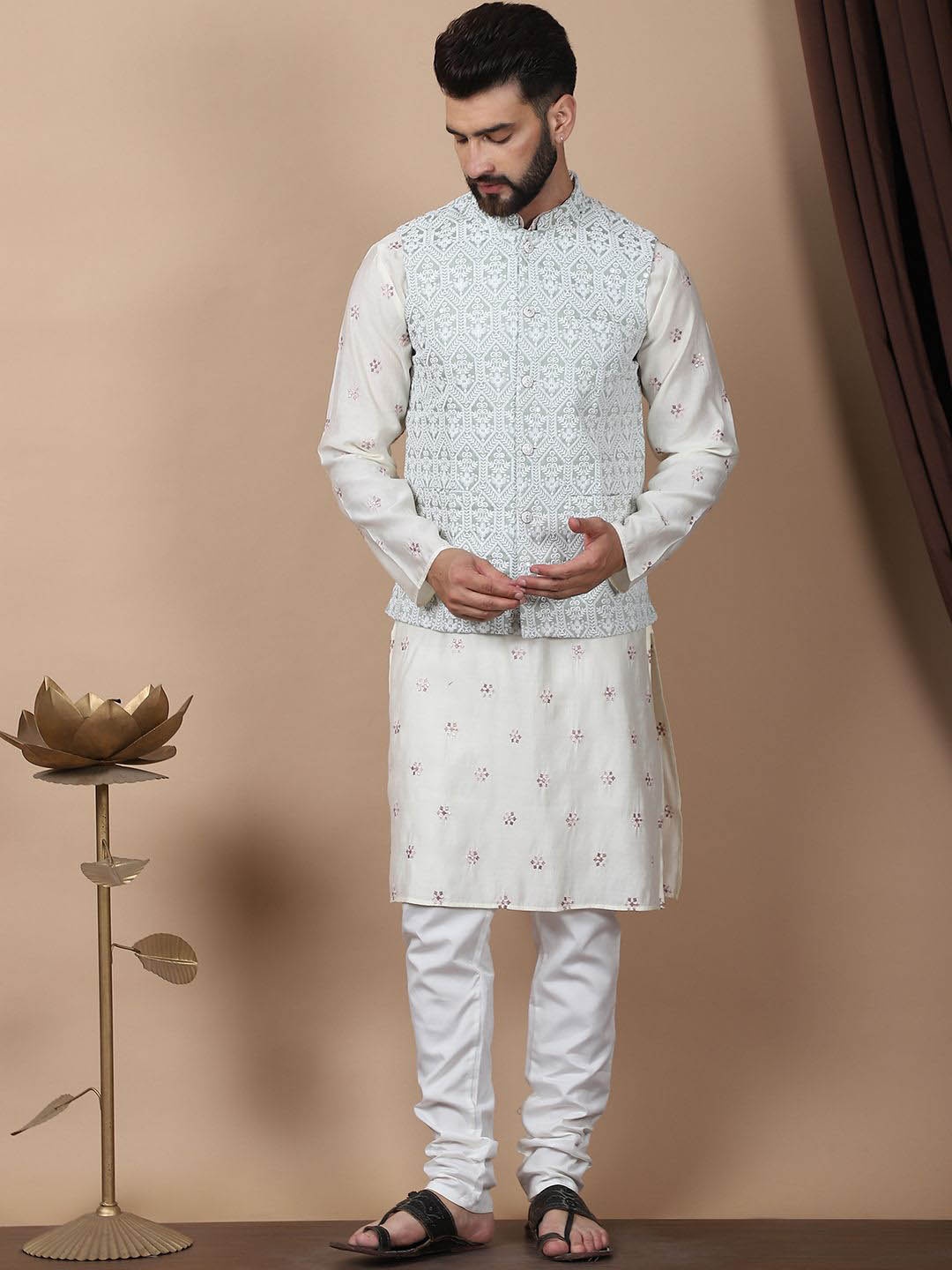 

Anouk Cream-Coloured Floral Embroidered Cotton Silk Kurta with Churidar & Nehru Jacket