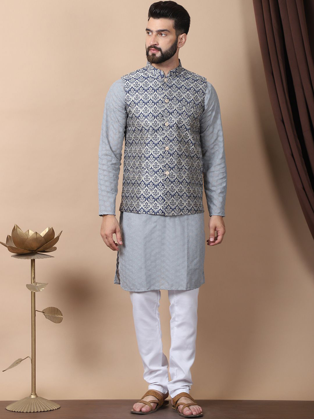 

Anouk Grey Floral Embroidered Thread Work Pure Cotton Kurta with Churidar & Nehru Jacket