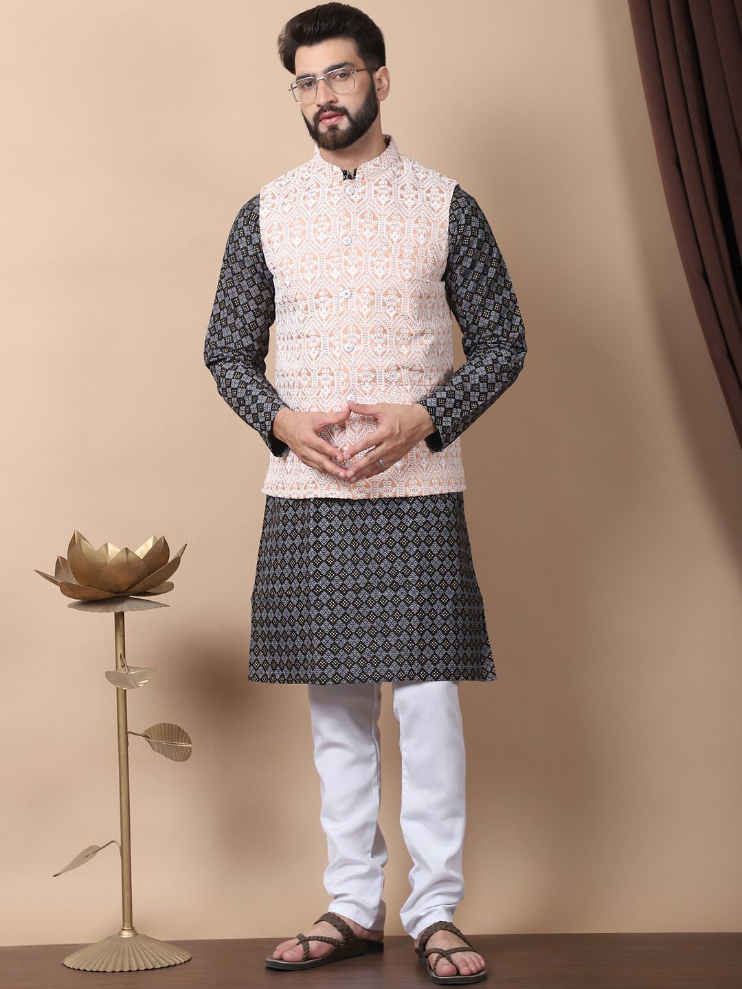 

Anouk Black Ethnic Motifs Printed Mandarin Collar Kurta with Churidar & Nehru Jacket